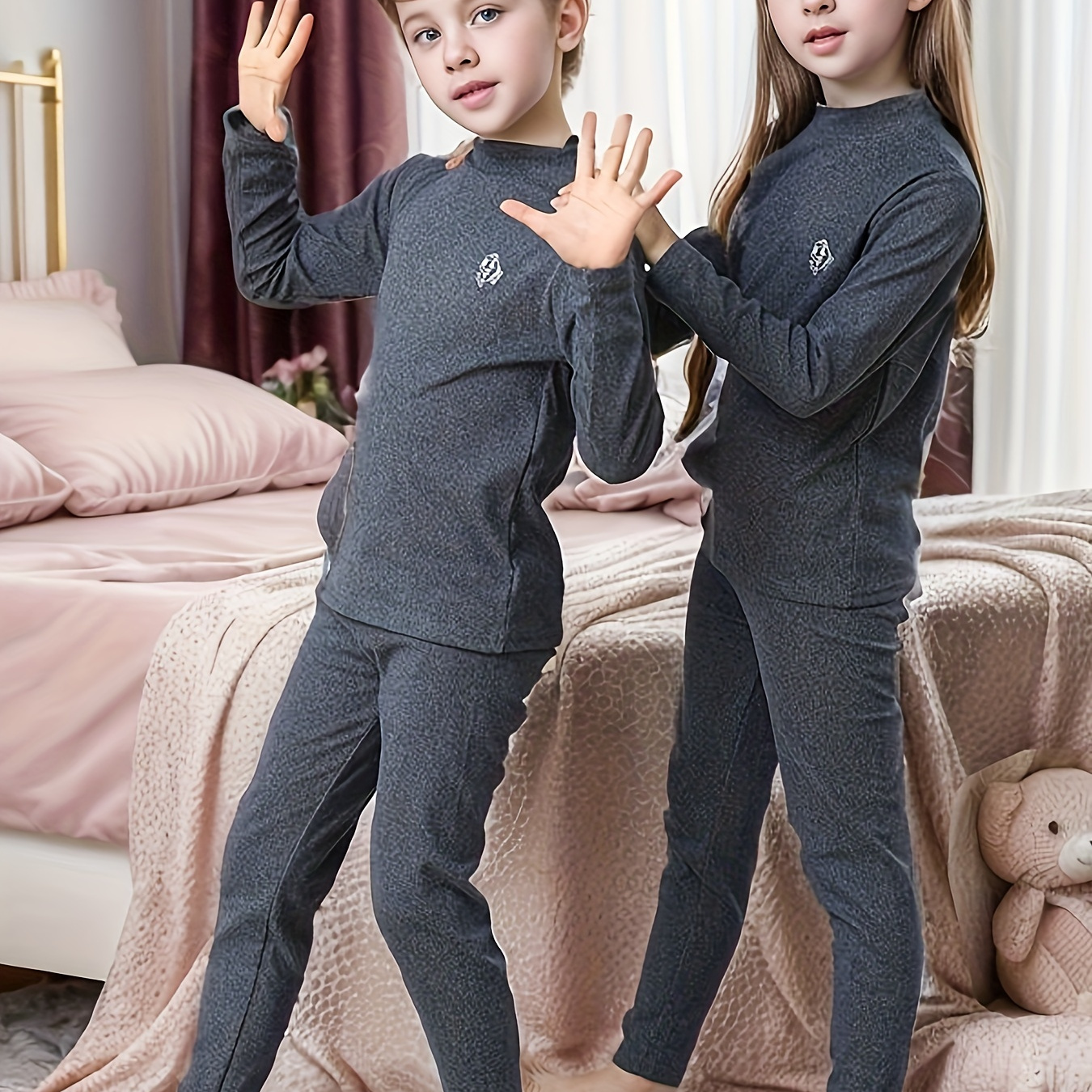 Conjuntos De Pijamas Para Niños Adolescentes, Ropa De Casa Térmica De Manga  Larga Con Cuello Redondo De Color Sólido Para Otoño E Invierno
