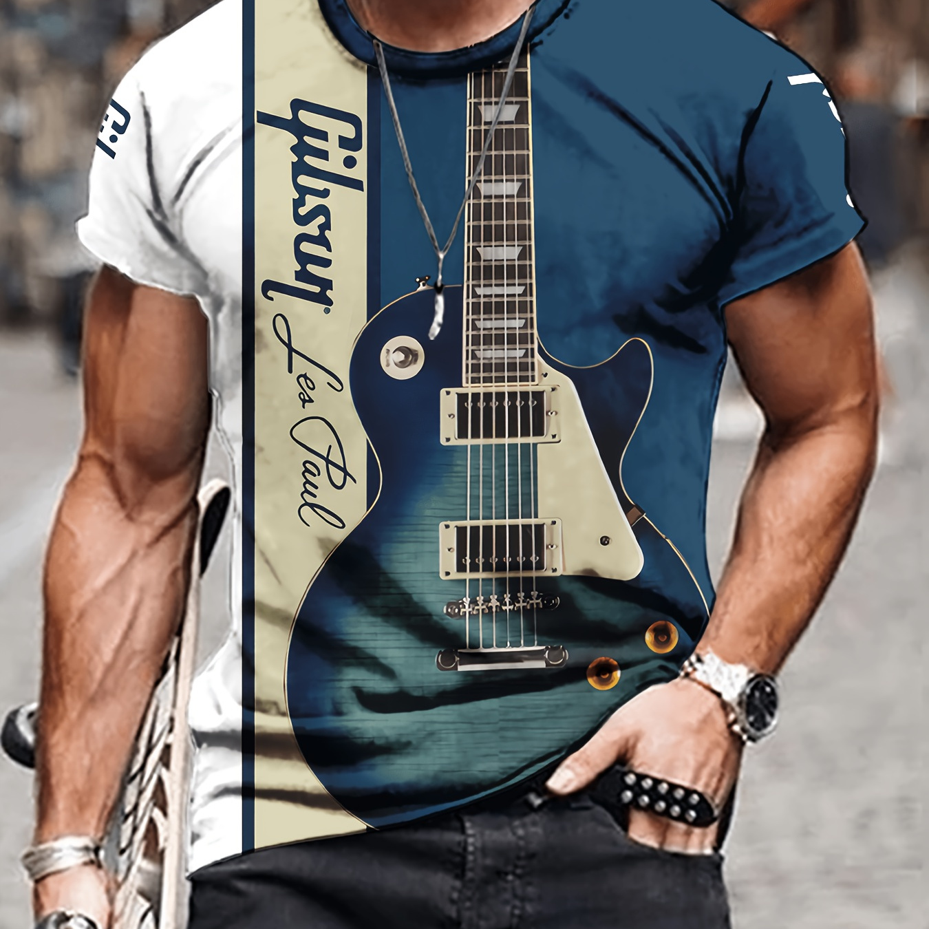 

Men's Guitar Print T-shirt, Casual Short Sleeve Crew Neck Tee, Men's Clothing For Outdoor