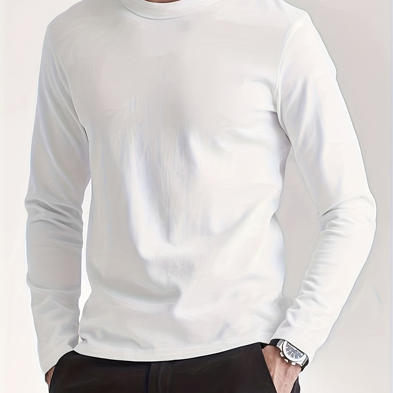 

Men's Casual Crew Neck Long Sleeve T-shirt, 95% Polyester 5% Elastane, Slight Stretch Knit Fabric, Solid Color, Top, 180gsm - Black