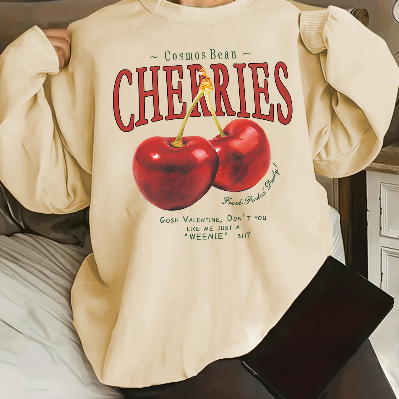 

Cherry & Letter Print Sweatshirt, Casual Crew Neck Long Sleeve Sweatshirt, Women's Clothing