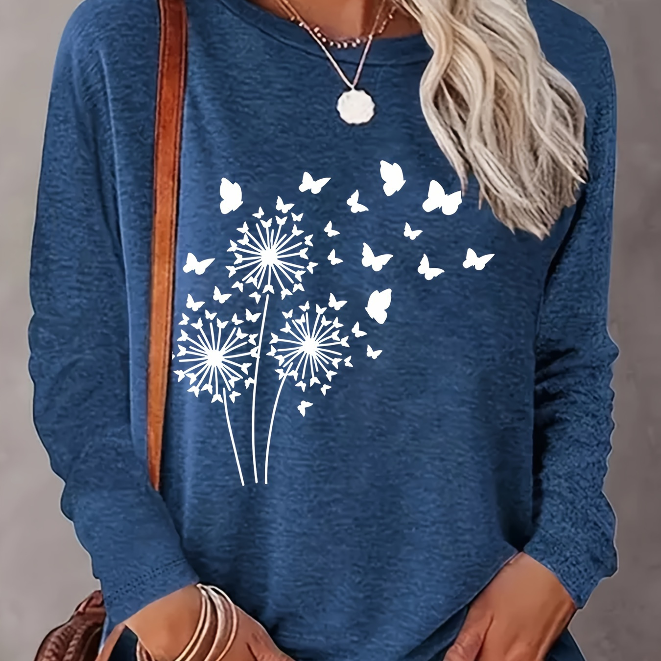 

Dandelion Print Crew Neck T-shirt, Casual Long Sleeve Top For Spring & Fall, Women's Clothing