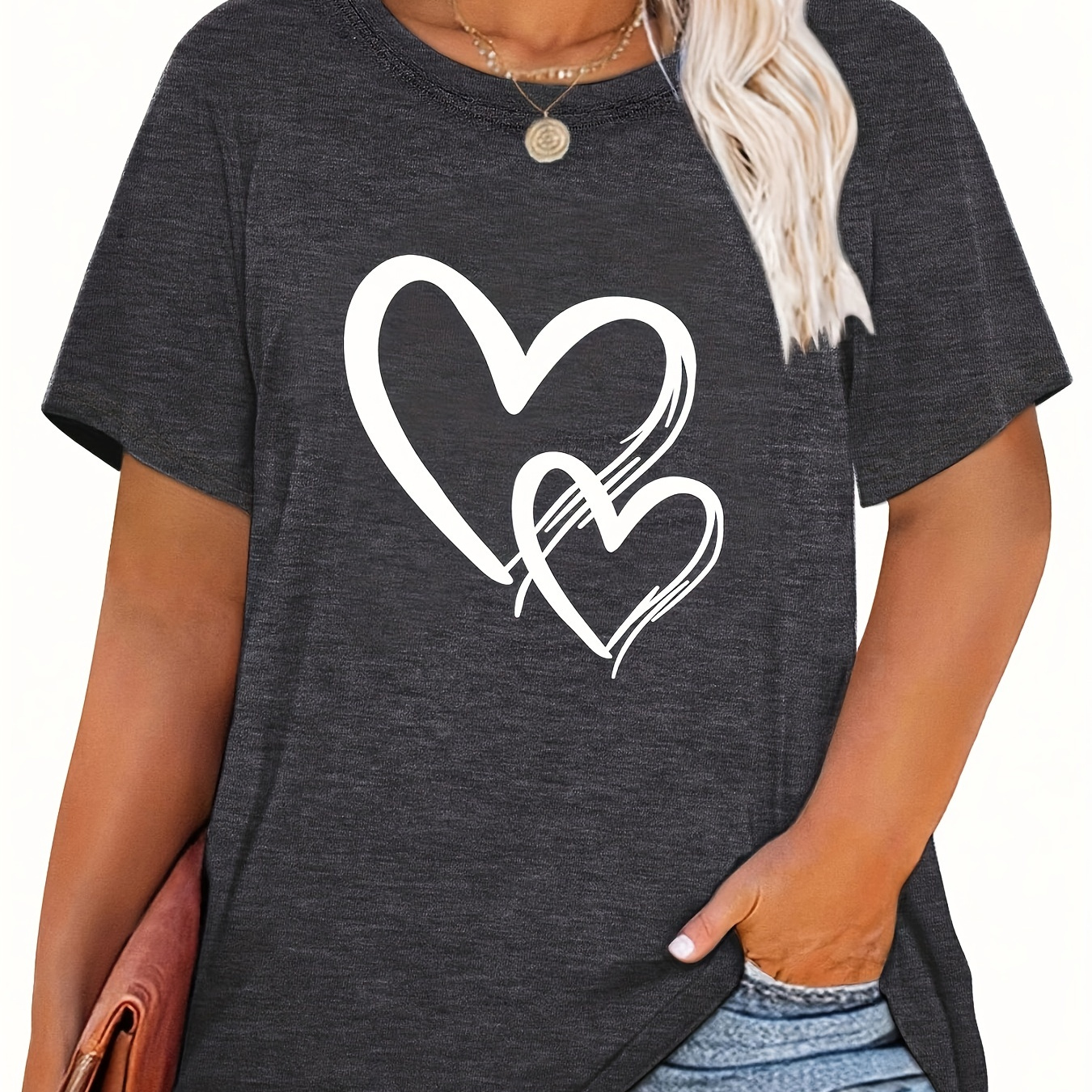 

Plus Size Casual T-shirt, Women's Plus Heart Print Short Sleeve Round Neck Medium Stretch T-shirt