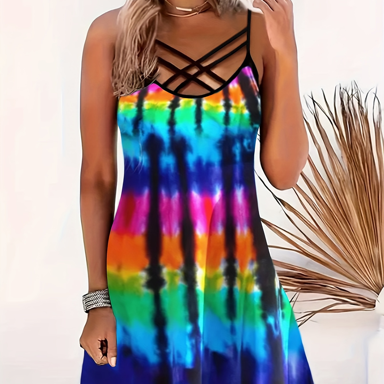 

Summer Chic Tie-dye Gradient Sleeveless Cami Dress With Crisscross Detail - Casual Loose Fit For Women