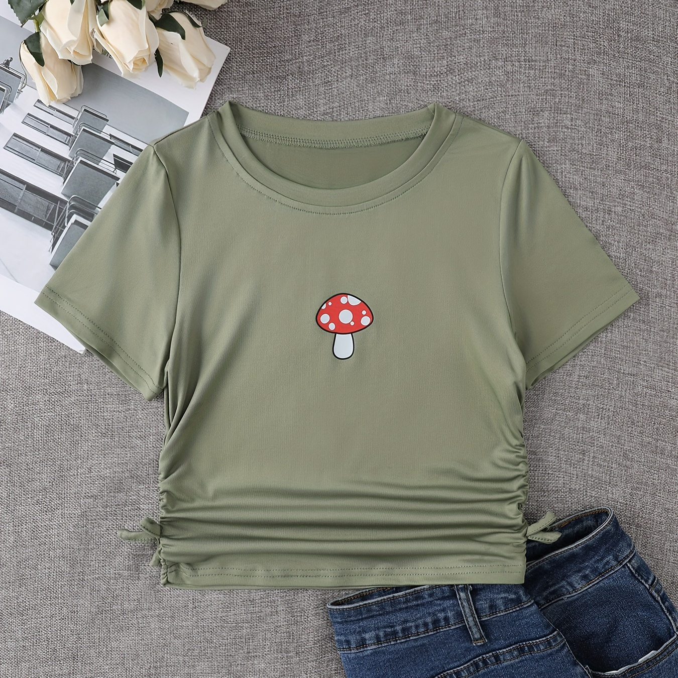 

Cute Mushroom Graphic Crew Neck Short Sleeve T-shirt Tops For Girls Summer