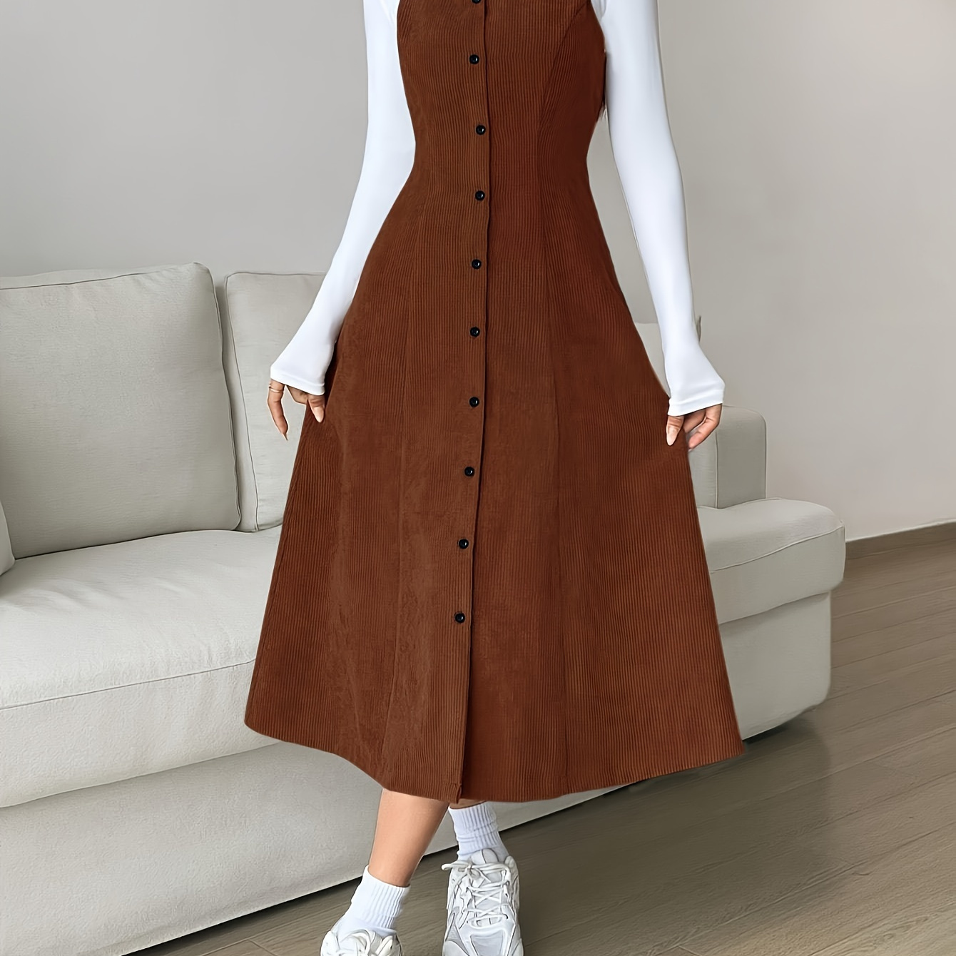 

Chic Corduroy Sleeveless Dress For Women - Casual, Button-detail, Low Neckline, Machine Washable - Fall/winter