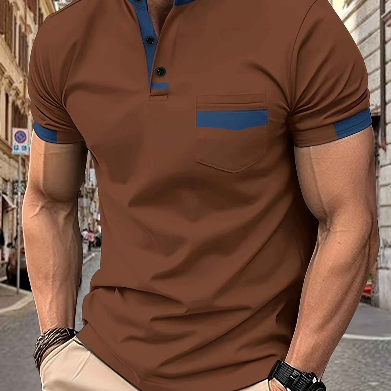 

Men's Contrast Color Short Sleeve And Stand Collar Henley Shirt With Breasted Pocket, Casual And Chic For Summer Outdoors And Vacation Wear