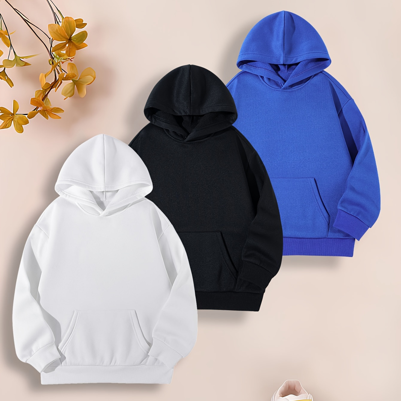

3pcs Boys/ Girls Basic Pocket Hooded Sweatshirt For Fall And Winter, Comfortable Fit Kids Hoodies