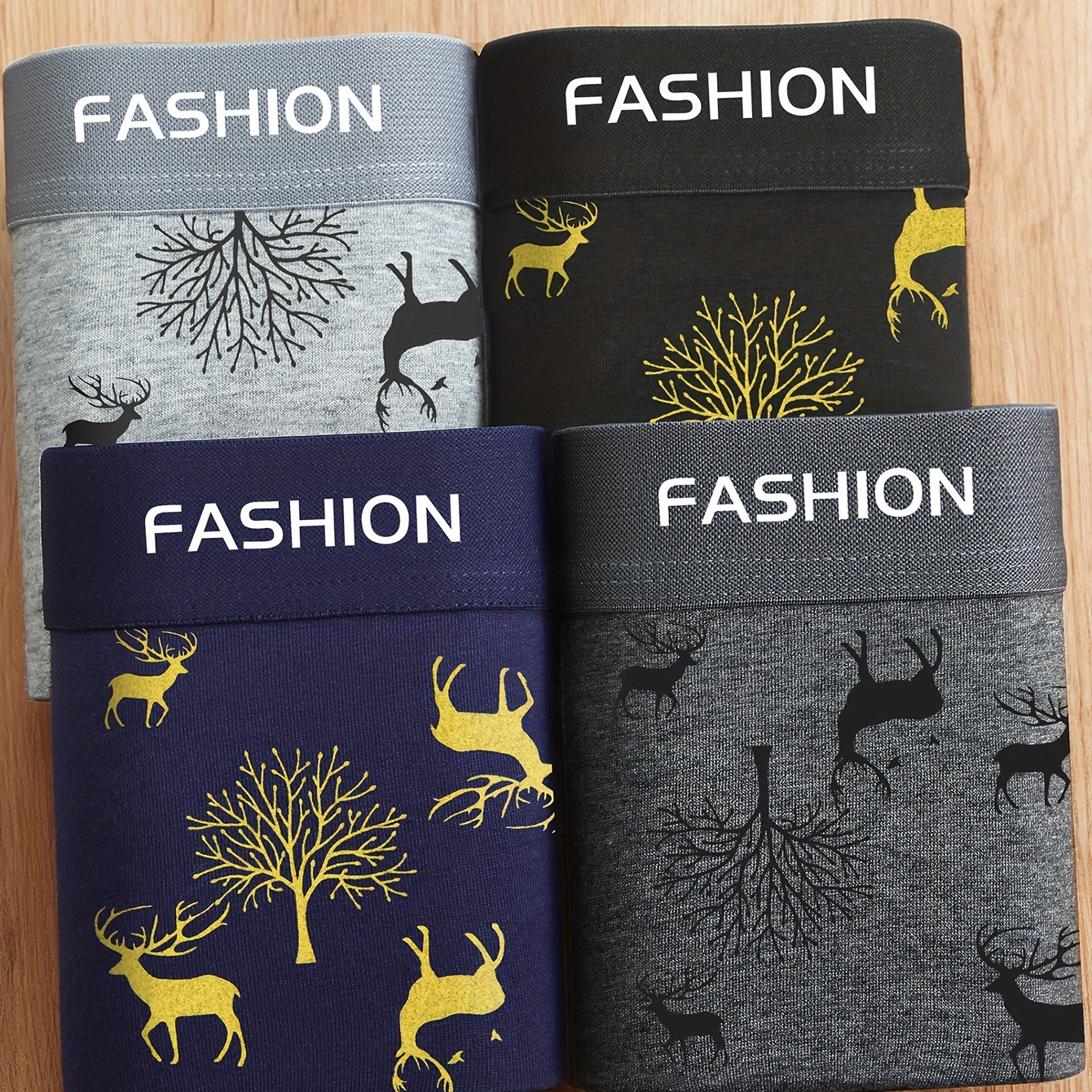 

4 Pcs Men's Trendy Deer & Tree Print Boxer Briefs, Comfy & Antibacterial Underwear Set