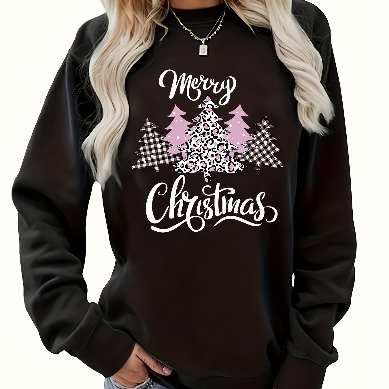 

Christmas Tree Print Pullover Sweatshirt, Cute Long Sleeve Crew Neck Sweatshirt, Women's Clothing