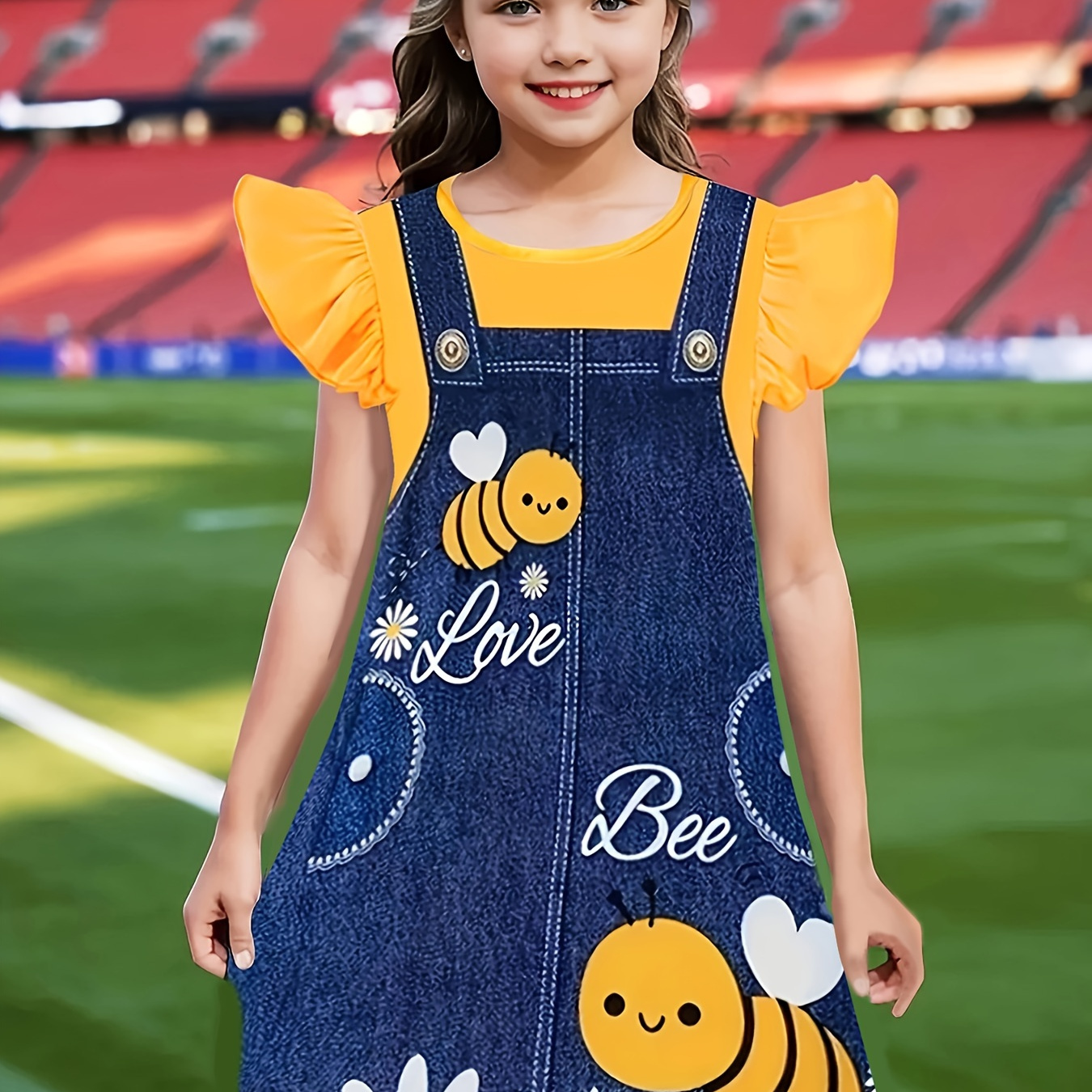 

Cute Bee Denim Suspender Pattern Ruffle Sleeve Dress For Girls, Summer Gift