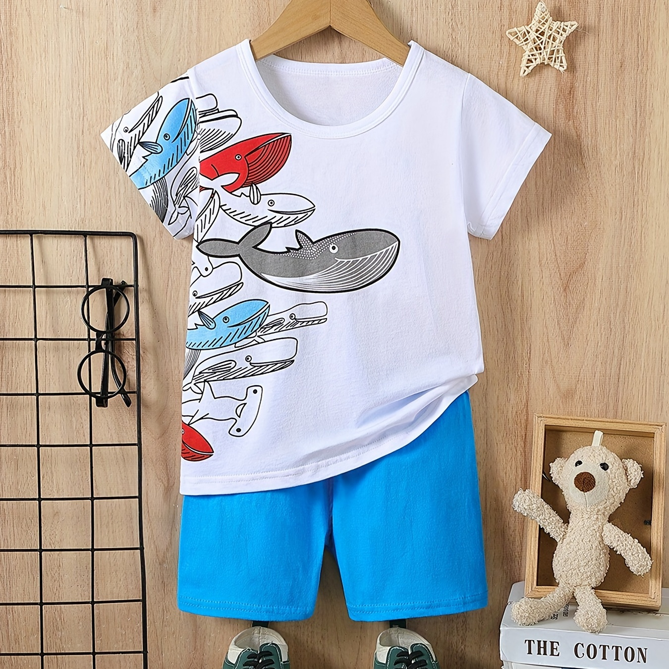 

Boys Whale Print Casual Outfit Round Neck Cotton T-shirt & Shorts Kids Summer Clothes Sets