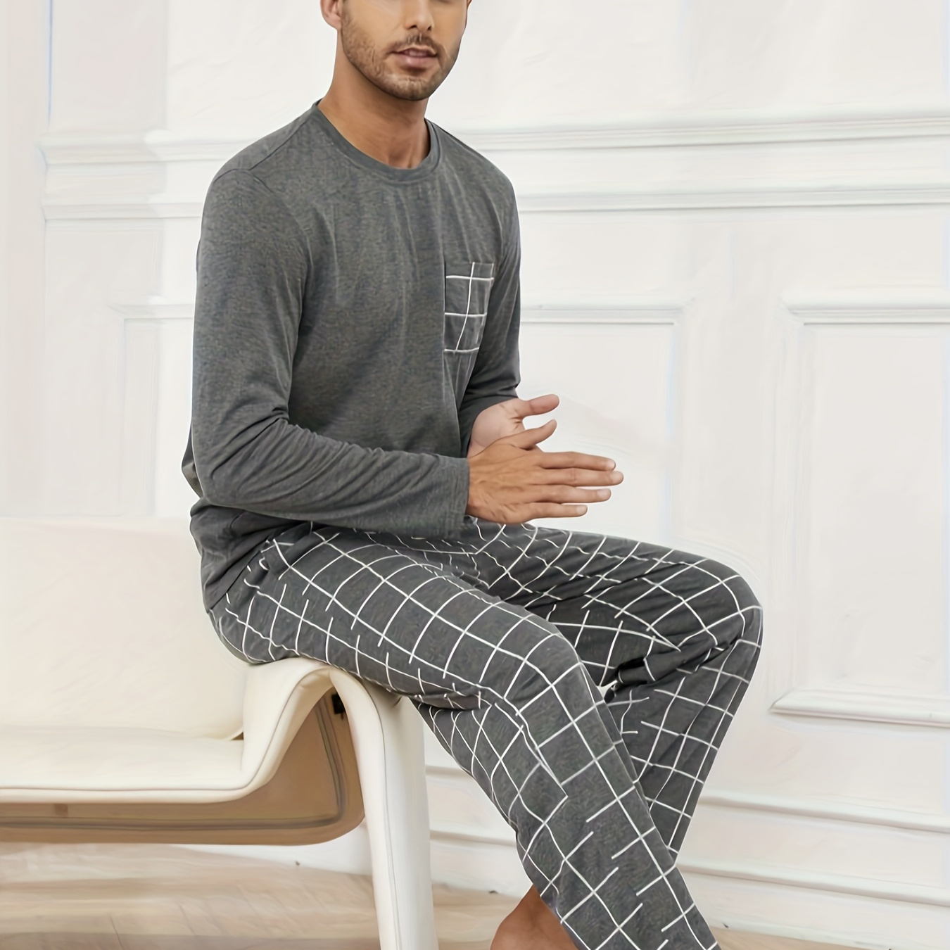 

Men' Long Pajamas Gray Pocket Autumn And Winter Suit