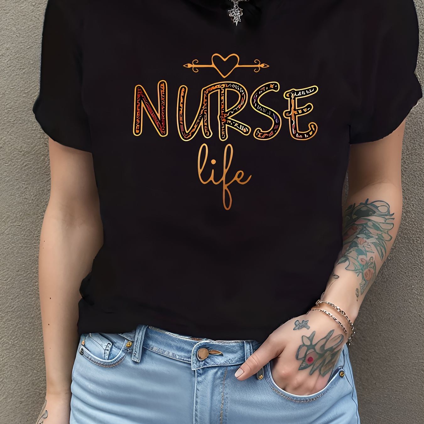 

Nurse Letter Print Short Sleeve T-shirt, Women's Round Neck Casual Sports T-shirt, Women's Activewear