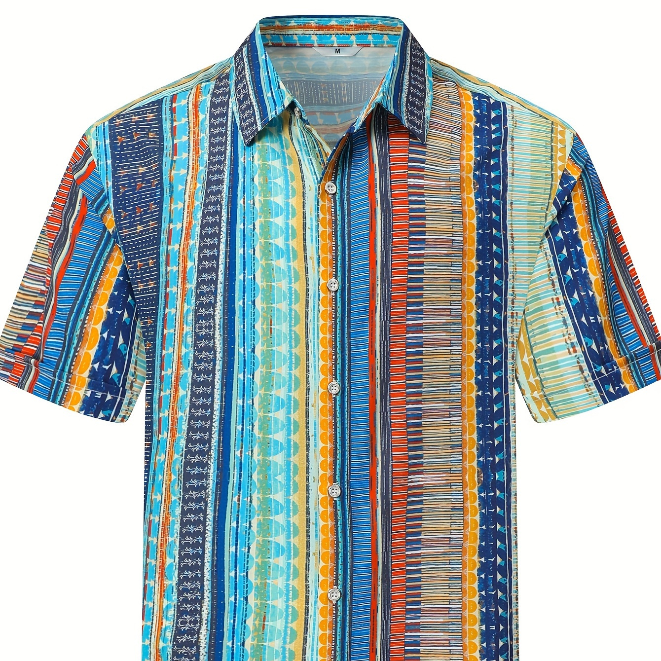 

Blue Stripes, Hawaiian Men's Shirt, Unisex Summer Beach Leisure Vacation Short Sleeved Button Up Half Sleeved 5 Quarter Sleeved Shirt, Printed Tropical Strip Geometric Retro Middle Style Moroccan