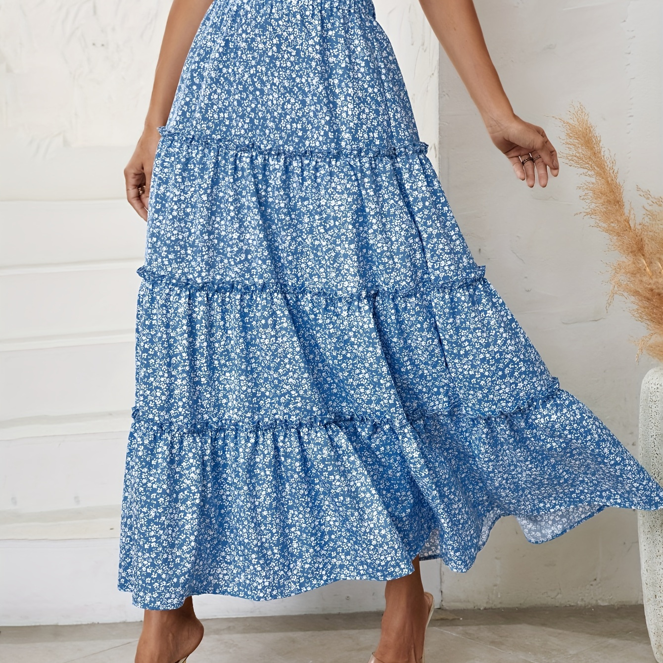 

Ditsy Floral Print High Waist Skirt, Casual Ruffle Hem Big Swing Maxi Skirt, Women's Clothing
