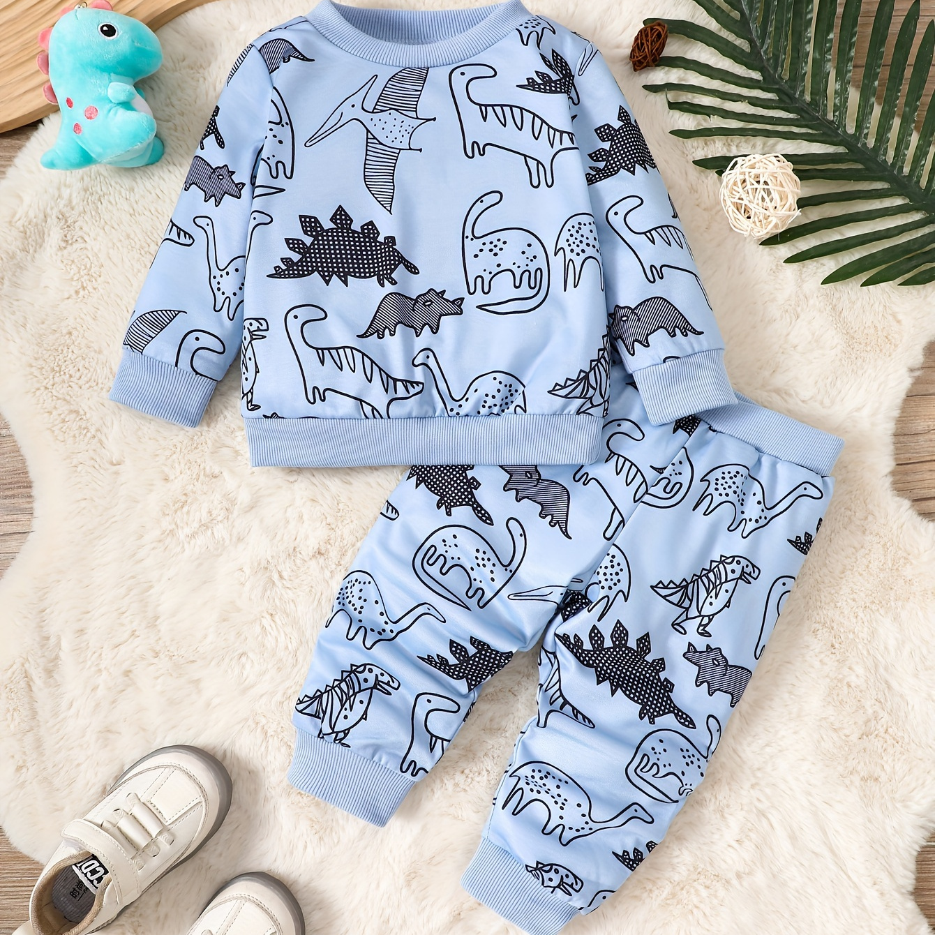 

Baby Boys Cartoon Dinosaur Allover Print Cute Outfit, Round Neck Sweatshirt With Sweatpants, 2pcs Toddlers Casual Fall Winter Clothing