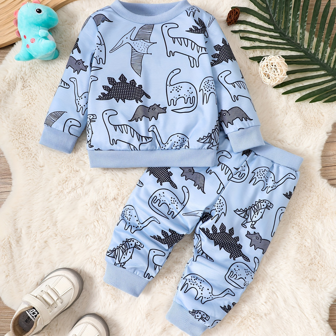 

Tenue mignonne pour bébé garçon avec imprimé de dinosaures de dessin animé, sweat-shirt à col rond avec pantalon de jogging, vêtements décontractés d'automne et d'hiver pour tout-petits, 2 pièces