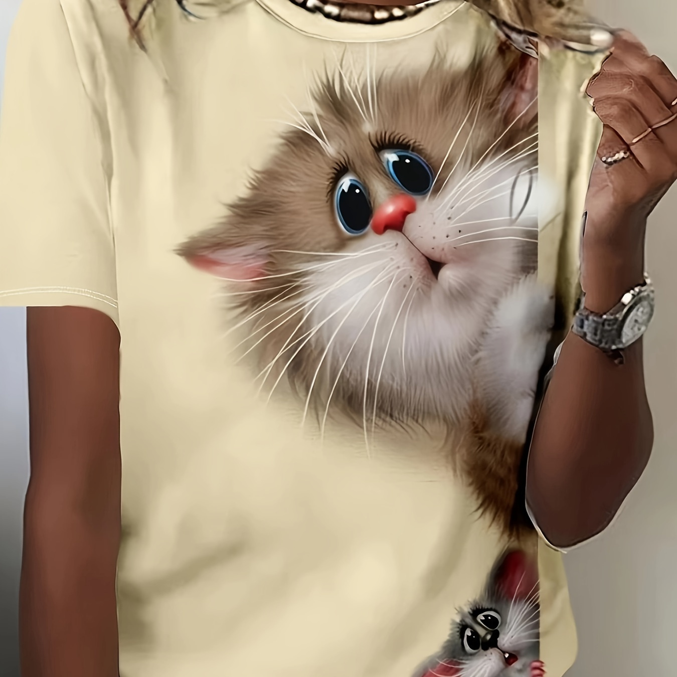 

Cat & Mouse Print Crew Neck T-shirt, Casual Short Sleeve T-shirt For Spring & Summer, Women's Clothing