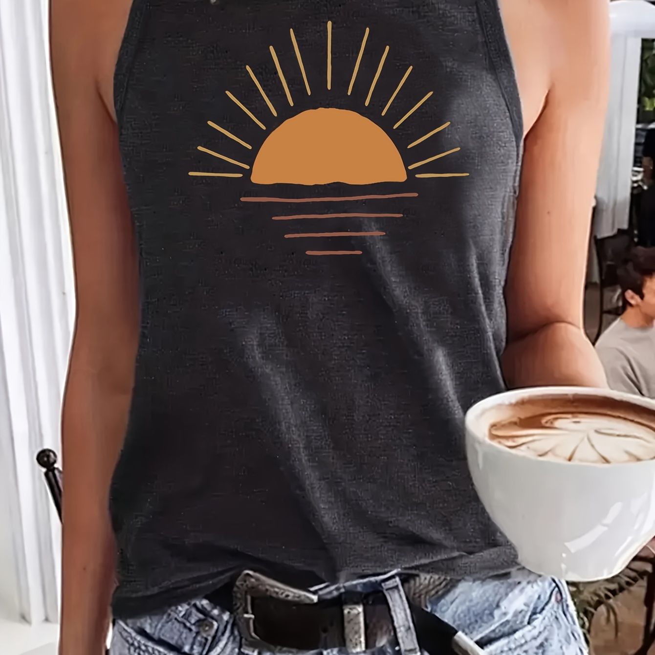 

Sun Print Crew Neck Tank Top, Casual Sleeveless Tank Top For Summer, Women's Clothing