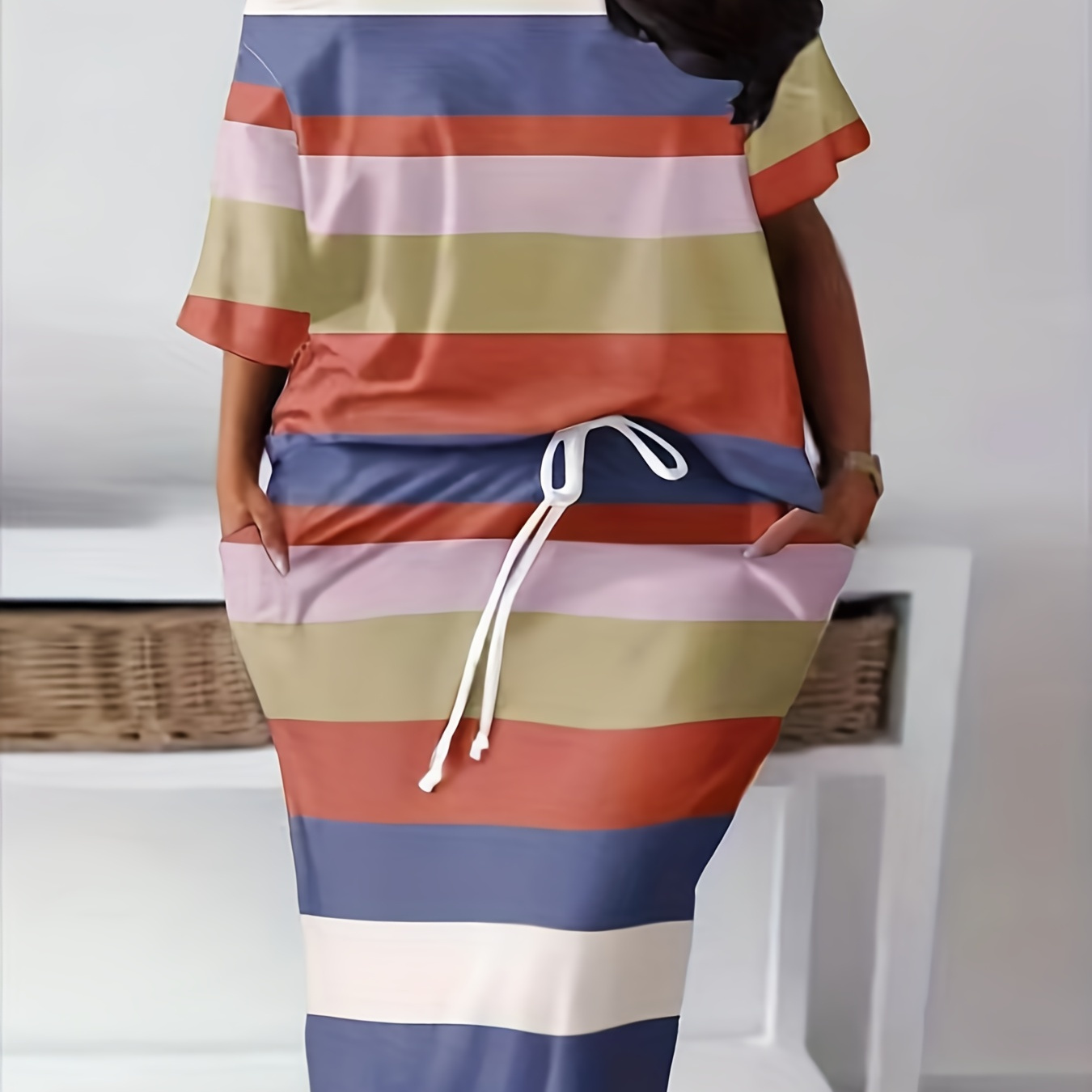 

Plus Size Casual Outfits Set, Women's Plus Colorblock Stripe Print 1 Shoulder Short Sleeve Top & Drawstring Split Hem Skirt Outfits 2 Piece Set