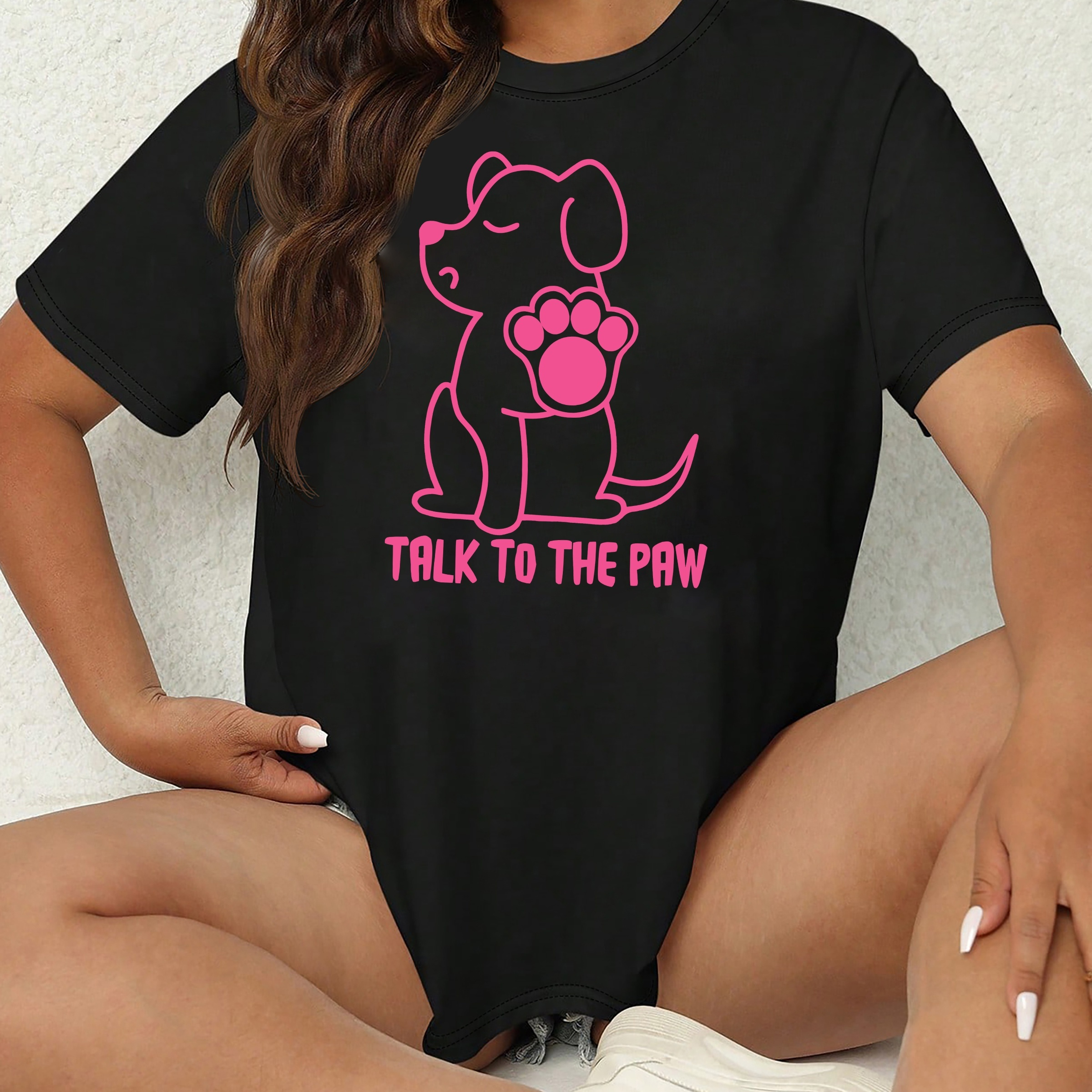 

Women's Plus Size Casual Sporty T-shirt, Sassy Dog Print And "talk To The Paw" Slogan Print, Comfort Fit Short Sleeve Tee, Fashion Breathable Casual Top