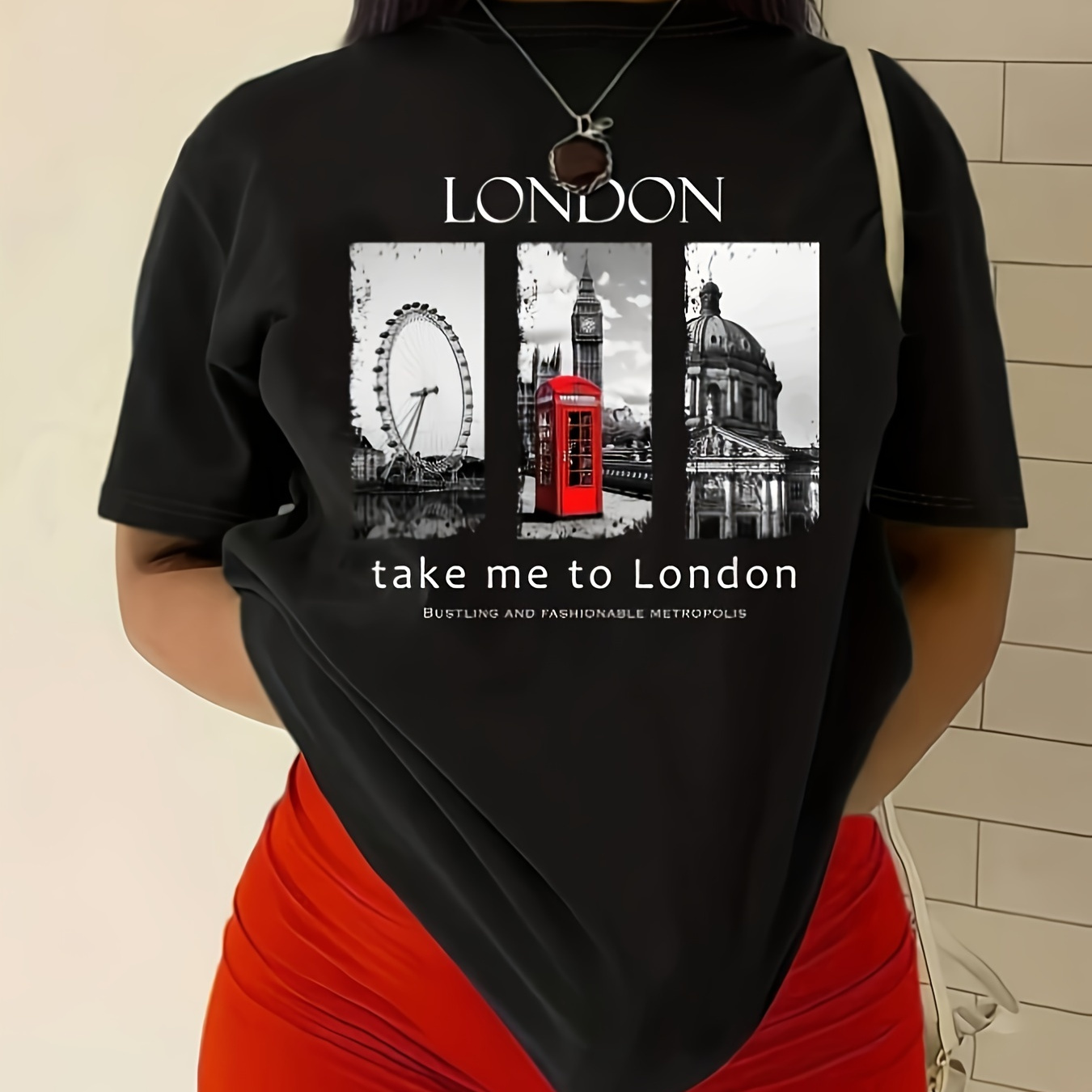 

London Print Short Sleeve T-shirt, Casual Crew Neck Top For , Women's Clothing