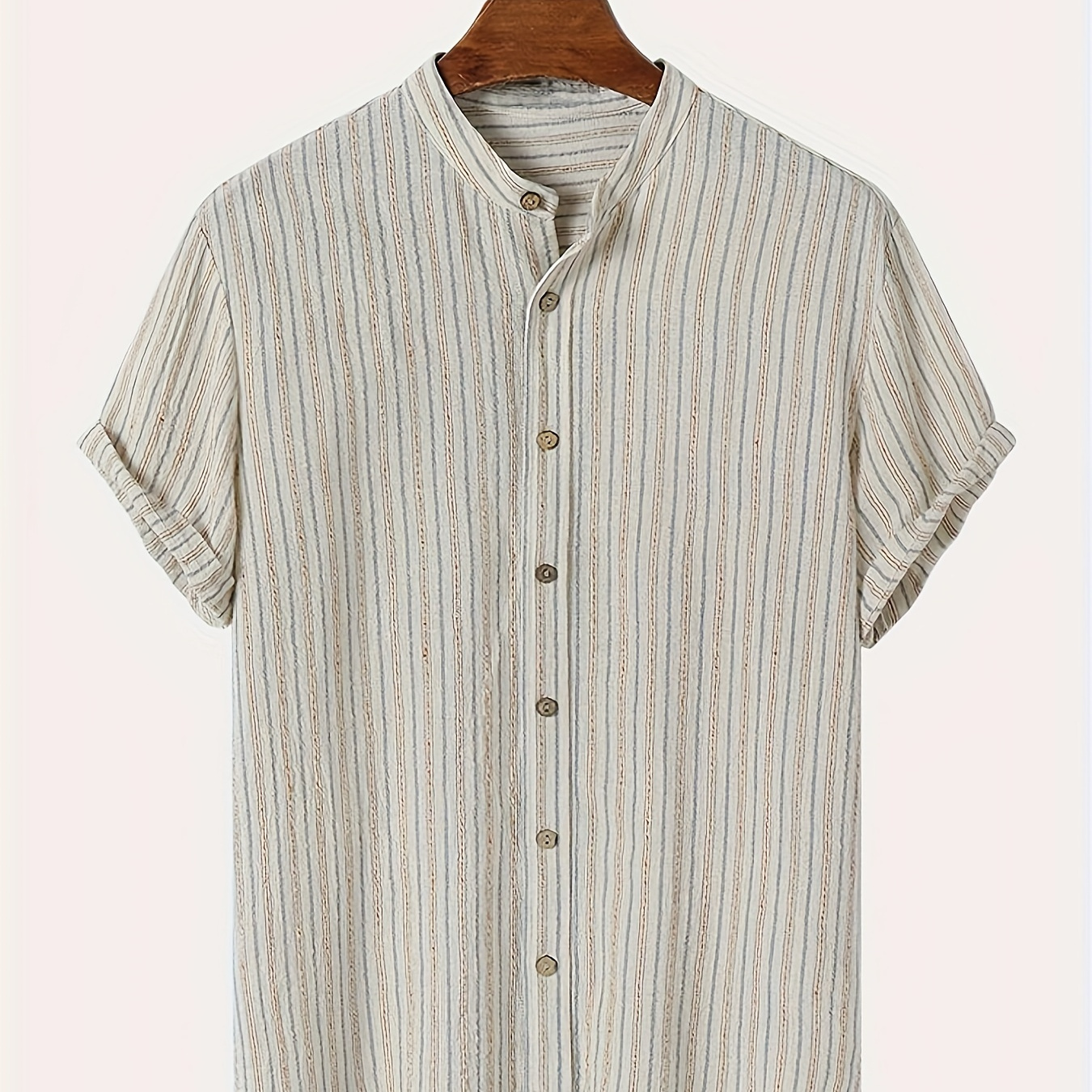 

Men's Casual Stripe Print Short Sleeve Button Down Stand Collar Shirt For Summer Resort Holiday, Hawaiian Style