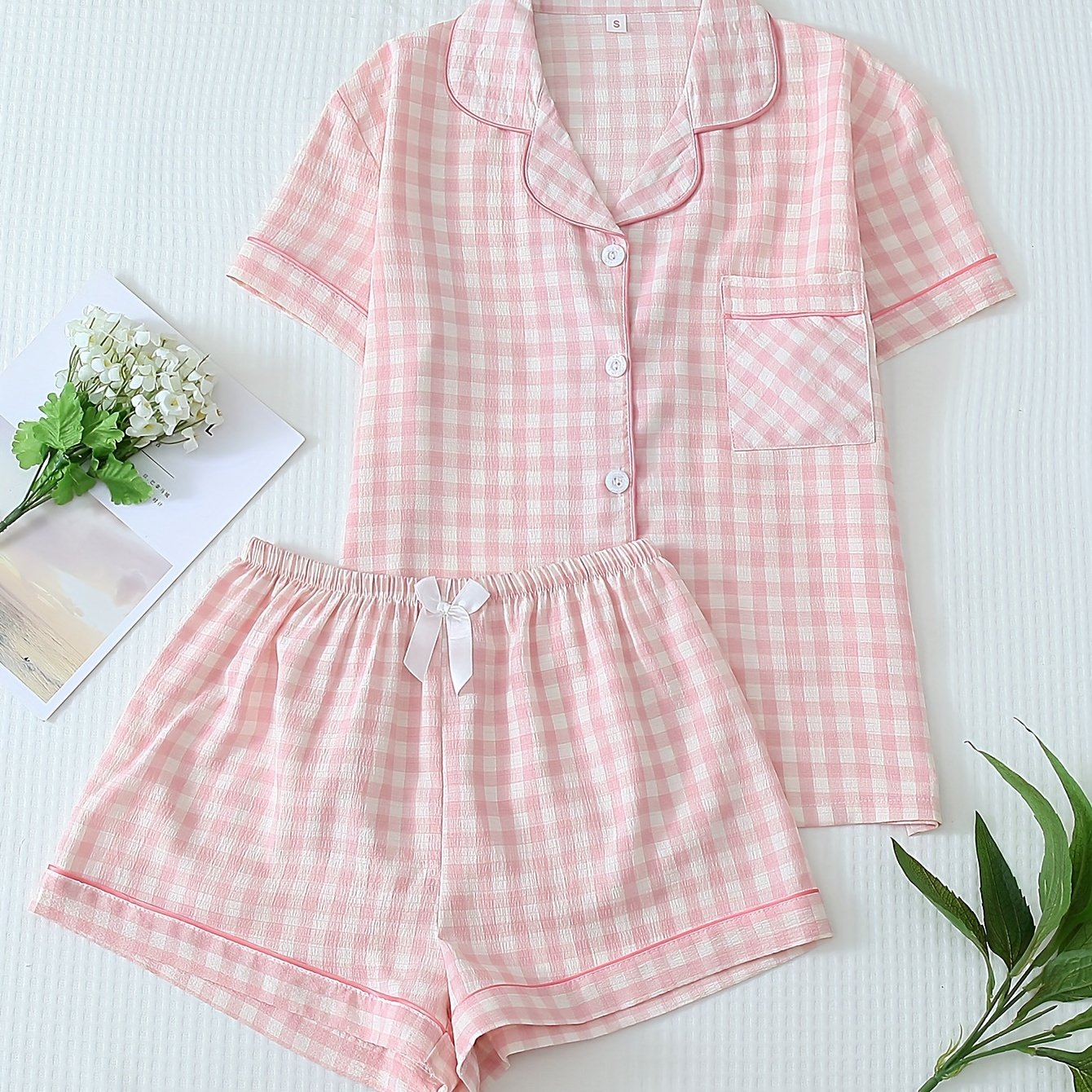 

Two-piece Women's Print Pajama Set With Short Sleeves, Collar Top And Shorts, Casual Summer Pajamas