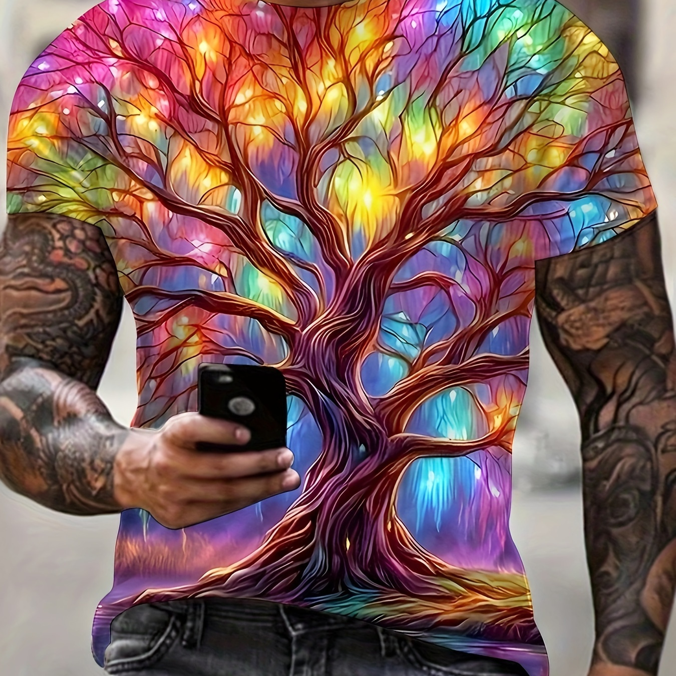 

Men's Novelty 3d Illuminated Tree Print T-shirt, Casual Fashion Tee, Short Sleeve Crew Neck Shirt