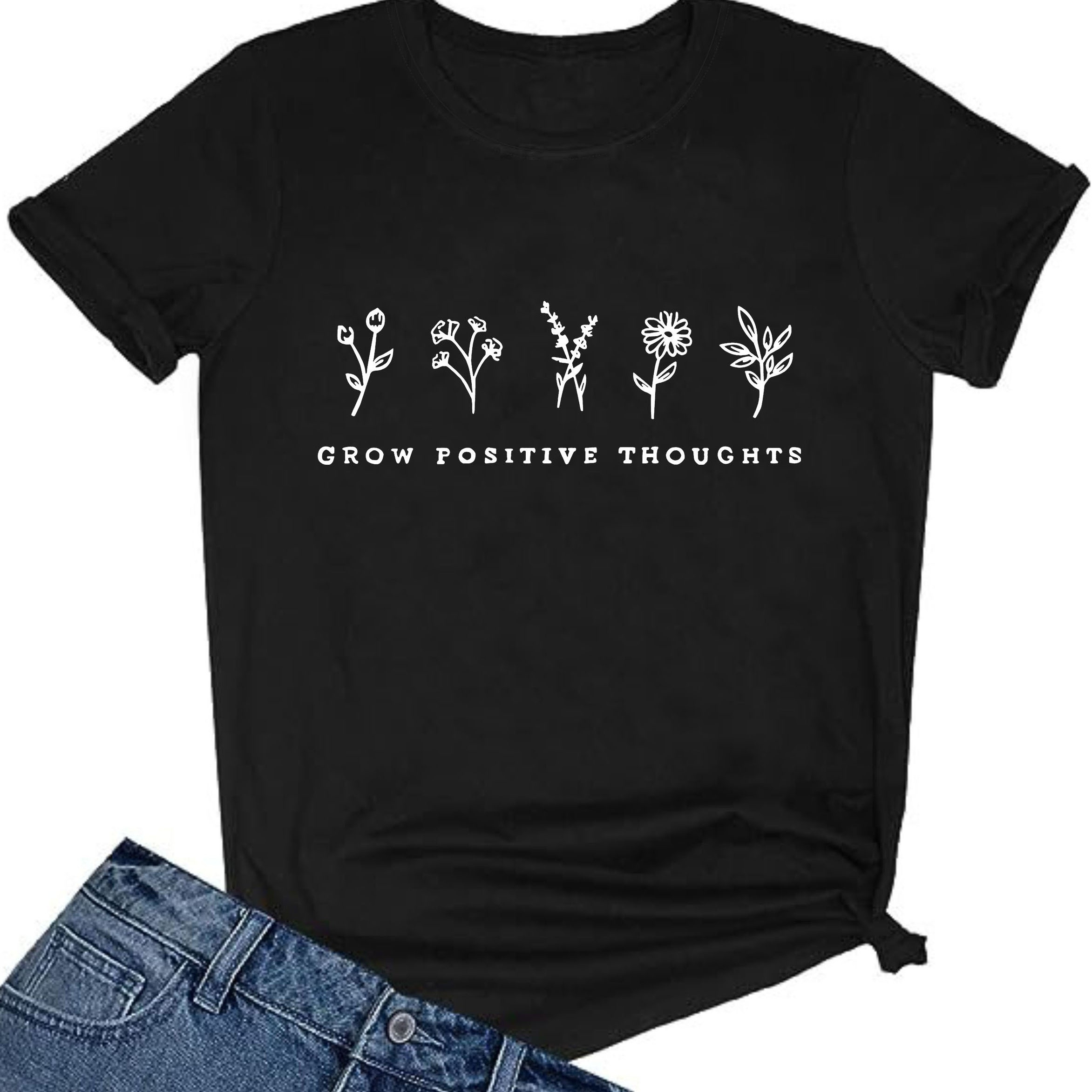 

Cute Plants & Slogan Print Summer T-shirt, Casual Short Sleeve Crew Neck Top, Women's Clothing