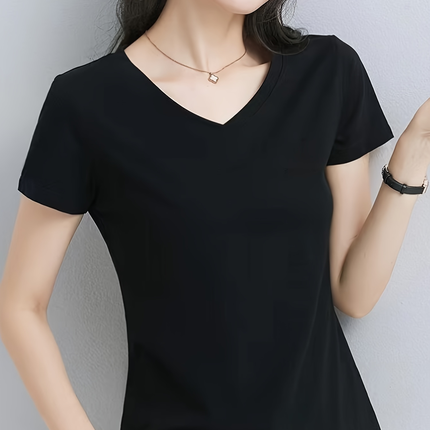 

Solid V Neck T-shirt, Casual Short Sleeve Top For Spring & Summer, Women's Clothing