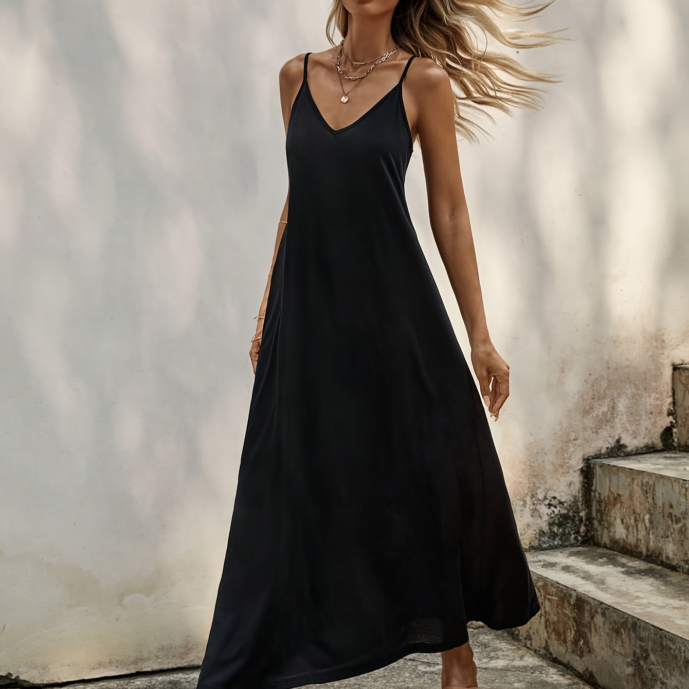 

Solid V Neck Cami Dress, Elegant Sleeveless Maxi Dress, Women's Clothing