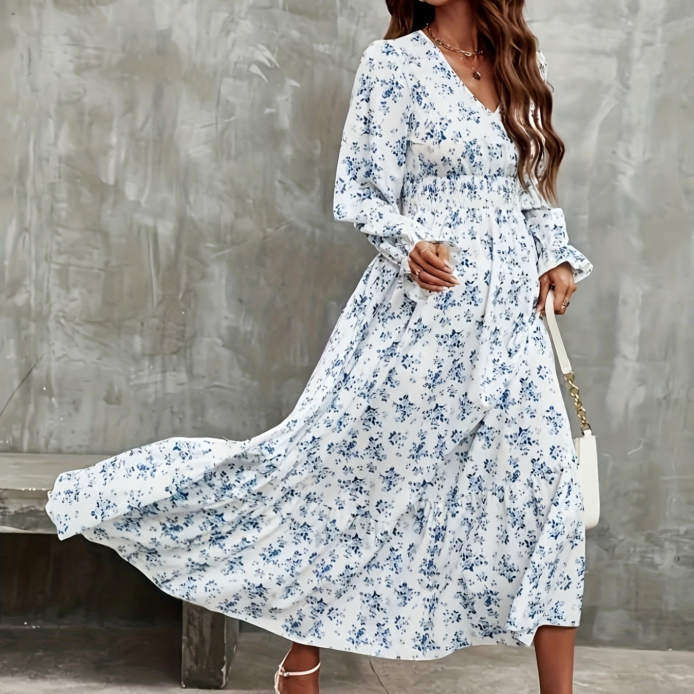 

Robe À Imprimé Floral Avec Volants, Élégante Robe À Col En V À Manches Longues, Vêtements Pour Femmes