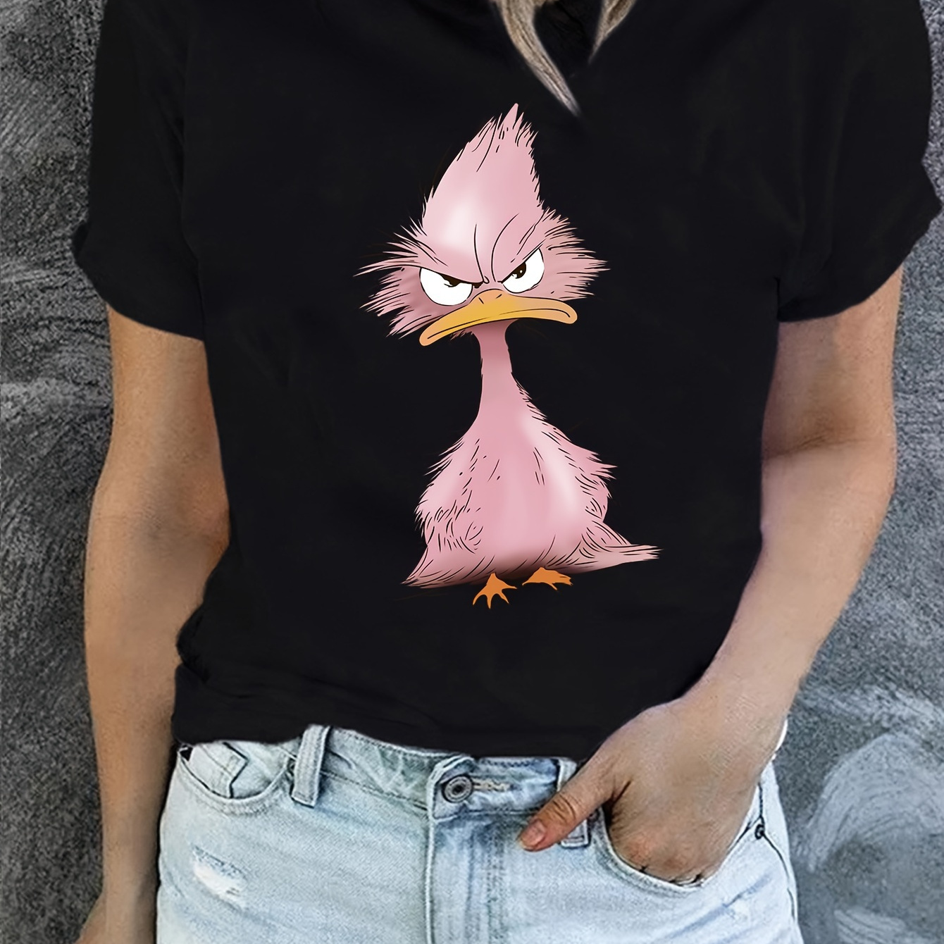 

Pink Duck Print T-shirt, Short Sleeve Crew Neck Casual Top For Summer & Spring, Women's Clothing