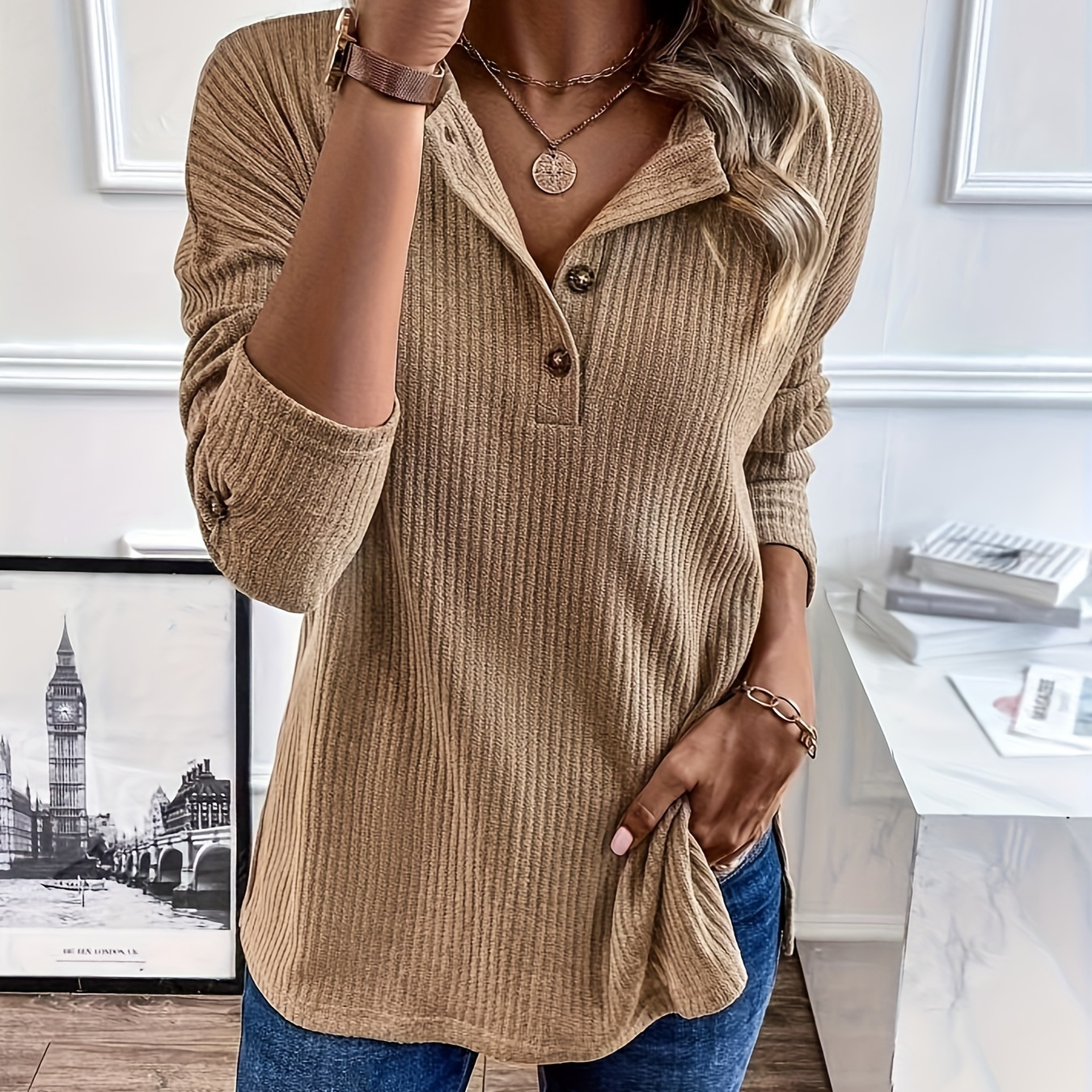 

Women's Casual Long Sleeve Henley Sweater - Polyester Knit Pullover With Button Detail, Solid Color, Regular Fit, All-season Comfort