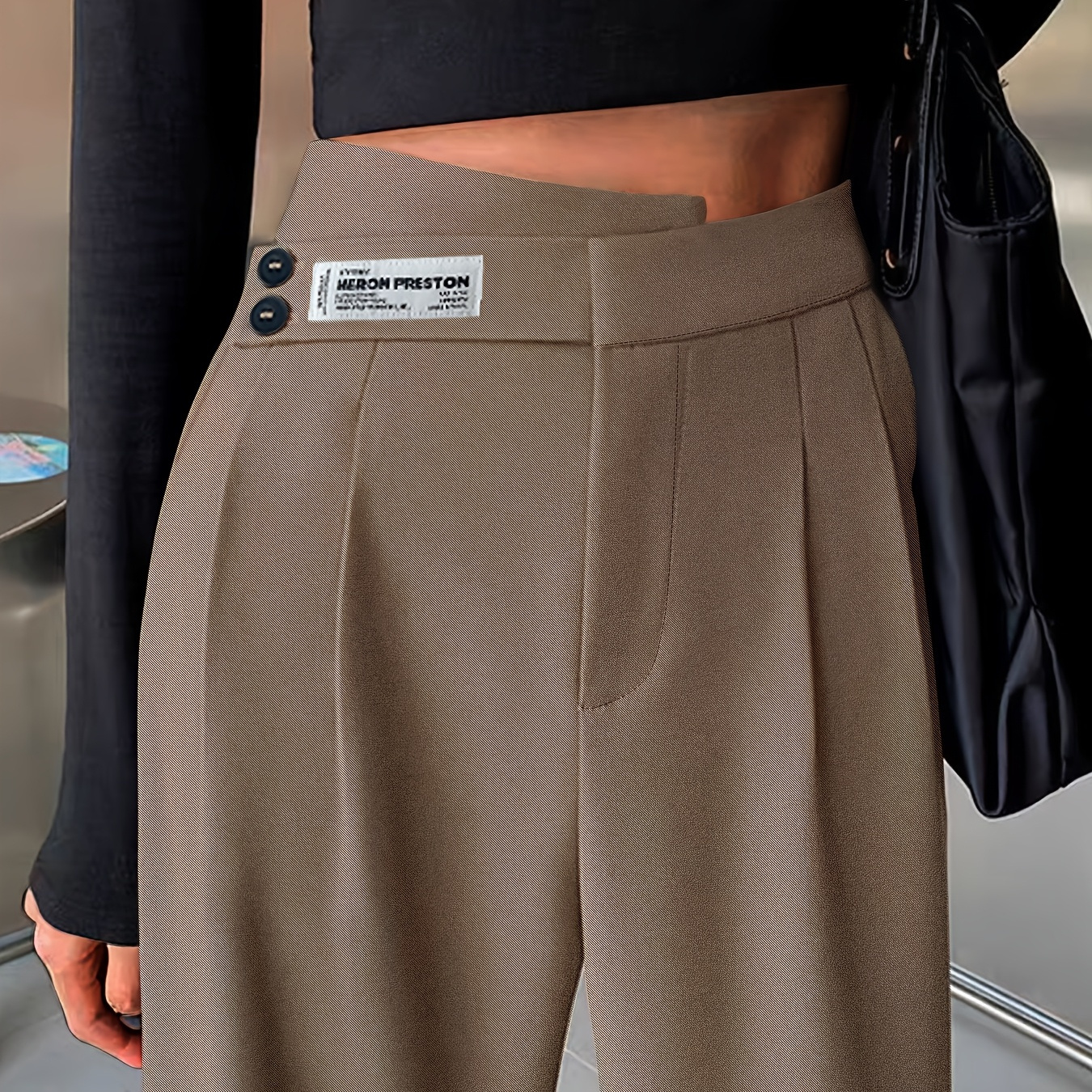 

High Waist Button Detail Polyester Tailored Pants, Solid Color, , Woven Fabric, For Adults, Suitable