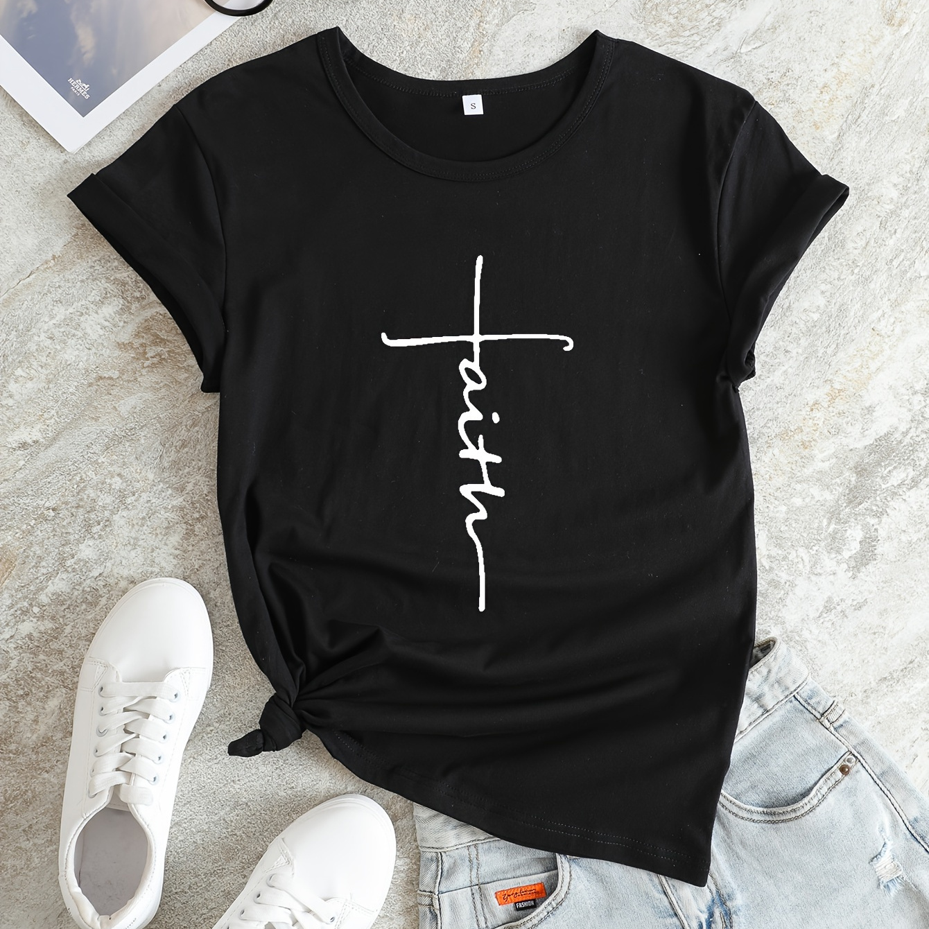 

Faith Print V-neck T-shirt, Casual Every Day Short Sleeve T-shirt, Women's Clothing