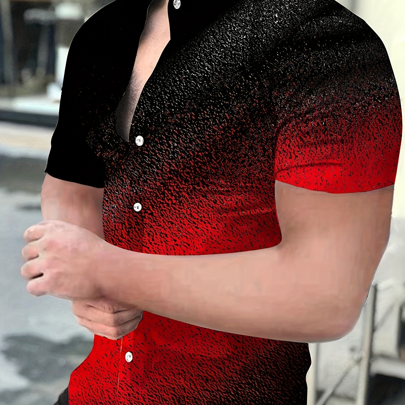 

Men's Casual Short Sleeve Shirt With Unique 3d Geometric Print - Polyester, Button-up With Chest Pocket, Machine Washable, Black To Red Gradient