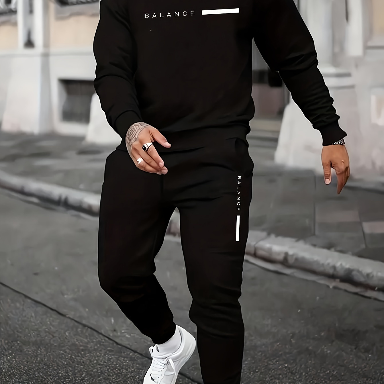 

Seasonal Style, Men's Casual 2pcs Set: Comfy Polyester Sweatshirt & Joggers With Unique - Machine Washable, Round Neck, Pockets Included