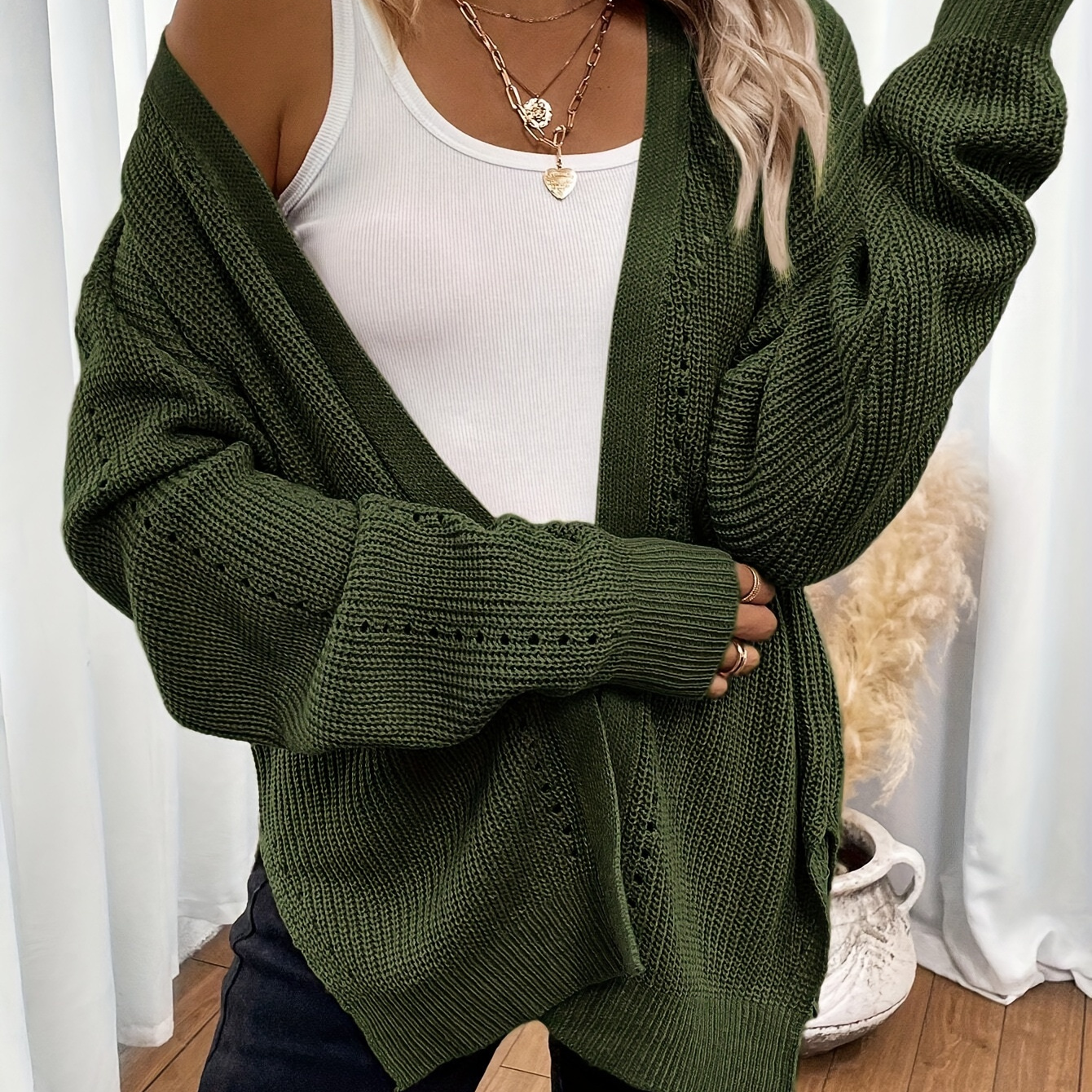 

Cardigan Tricoté Vert Uni Décontracté pour Femme - Chic avec Fente sur le Devant, Manches Longues, Veste en Acrylique Confortable, pour /Hiver