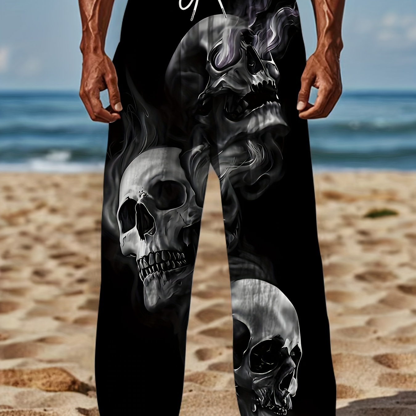 

Plus Size 3d Skull Straight Leg Pants, Fit Pants, Polyester , Drawstring Waist, Sportswear, Summer Beachwear