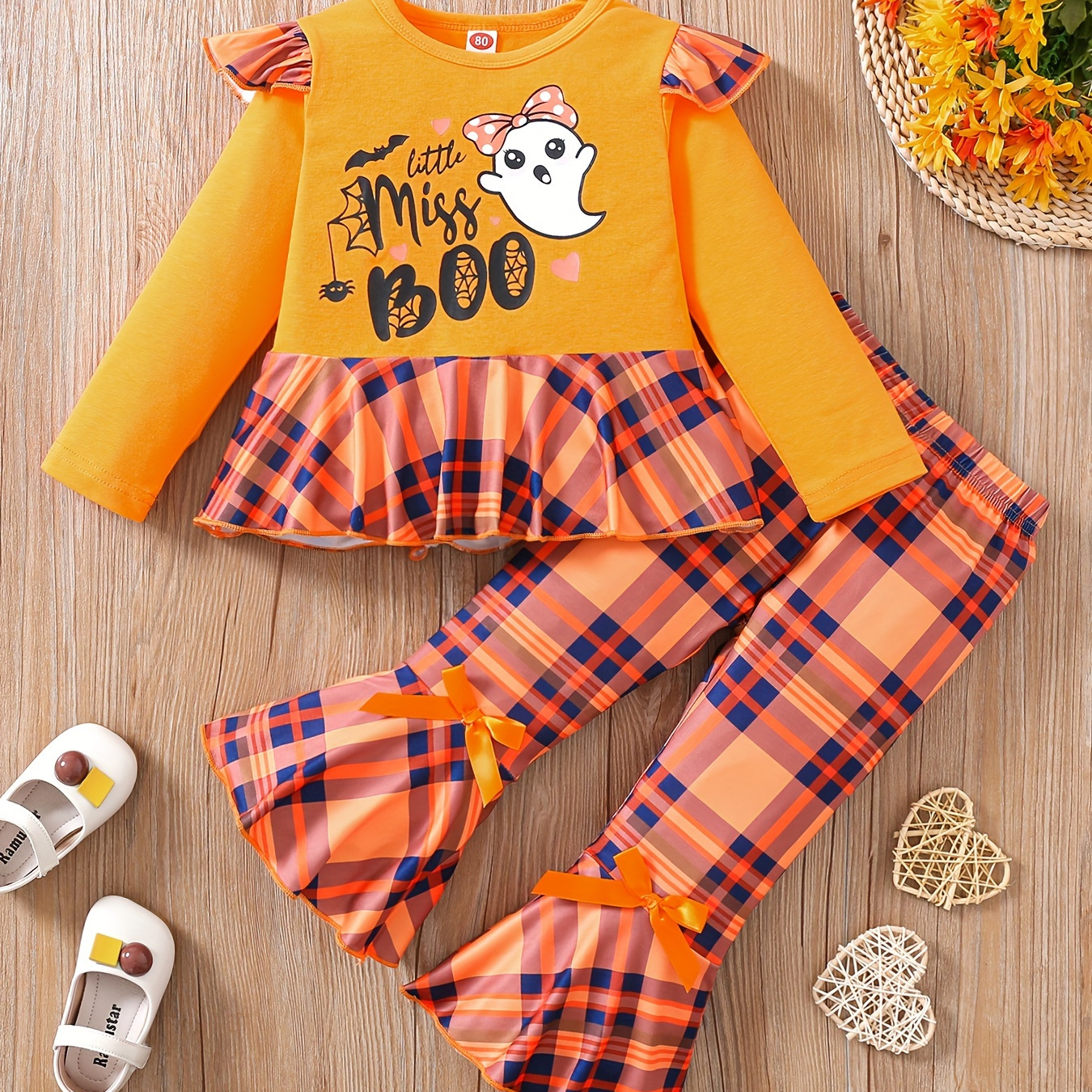 

Toddler Girls Baby Outfit Letter Graphic Small Flutter Sleeve Top & Plaid Bow Flared Pants Set