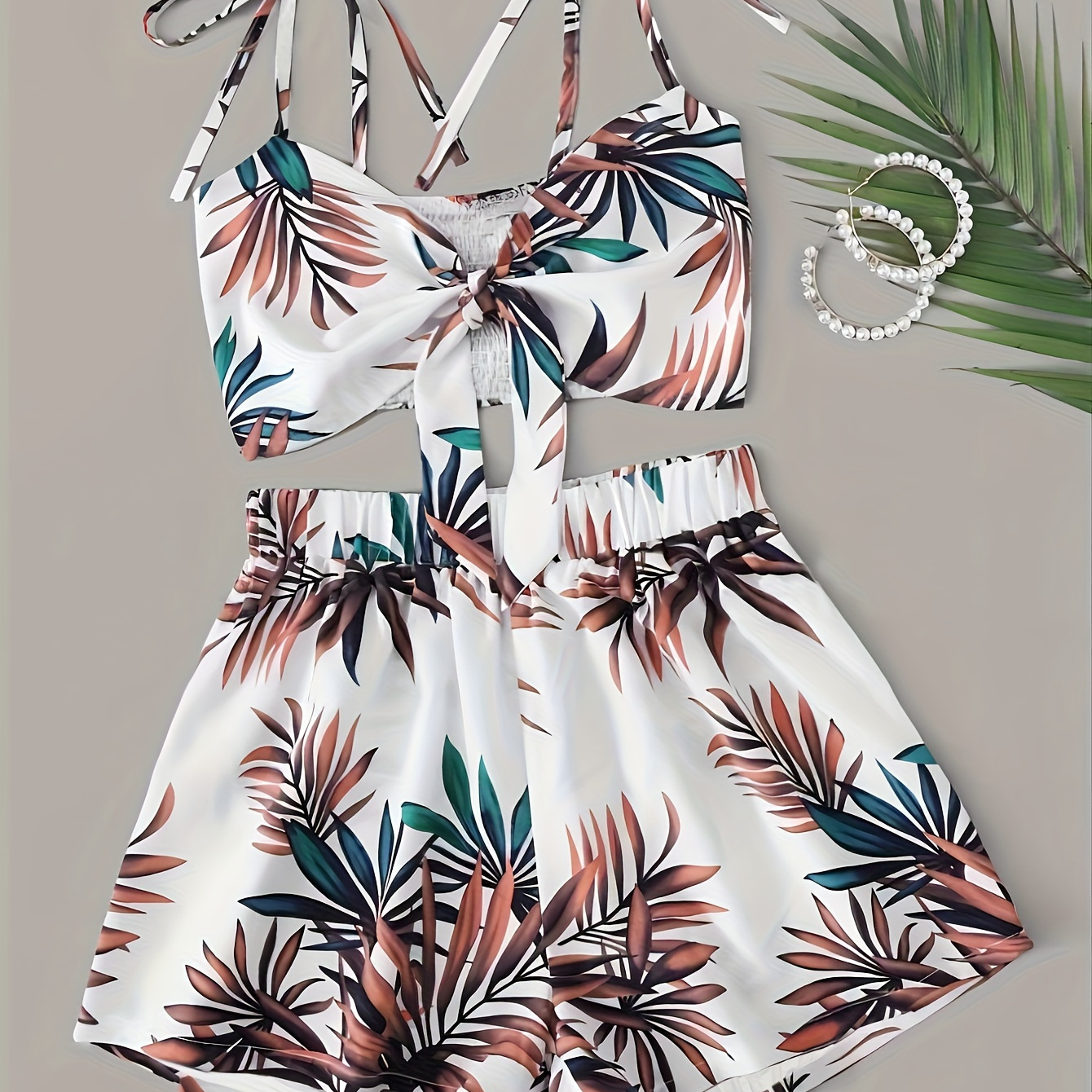 

Vacation Plant Print Shorts Set, Knot Front Tie Strap Crop Top & Elastic Waist Shorts Outfits, Women's Clothing