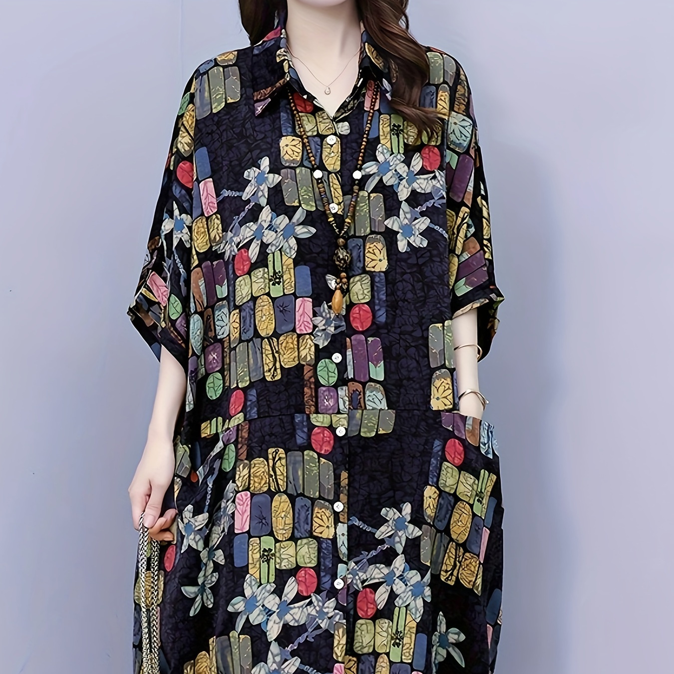 

Floral Print Shirt Dress With Pockets, Casual Button Front Loose Dress For Spring & Summer, Women's Clothing