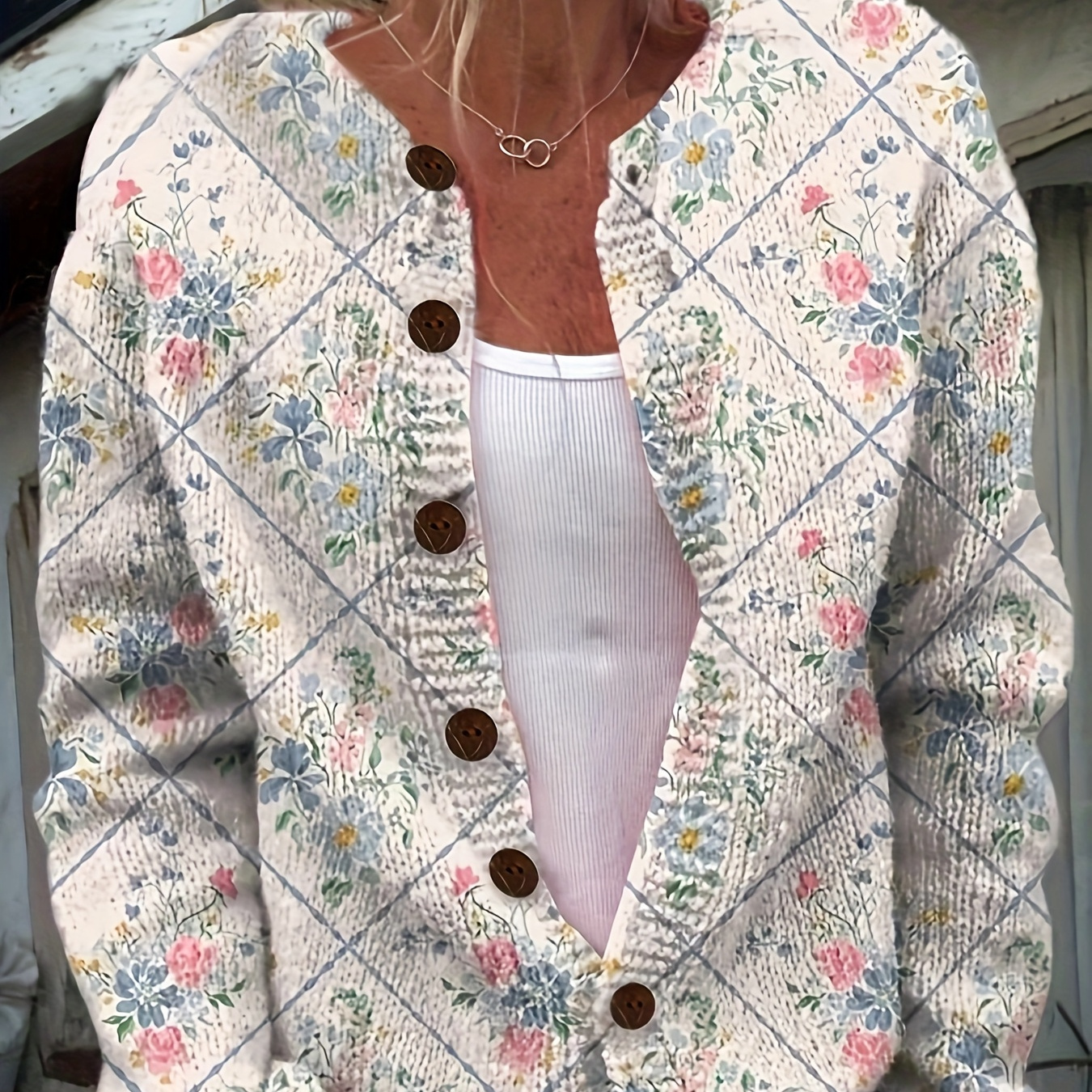 

Cardigan Léger à Imprimé Floral pour Femme - Manches Longues, Boutonné sur le Devant, Col Rond, en Polyester, Mode Décontractée Printemps/Automne, Design & Vert, Tissu Tricoté à Motif Diamant