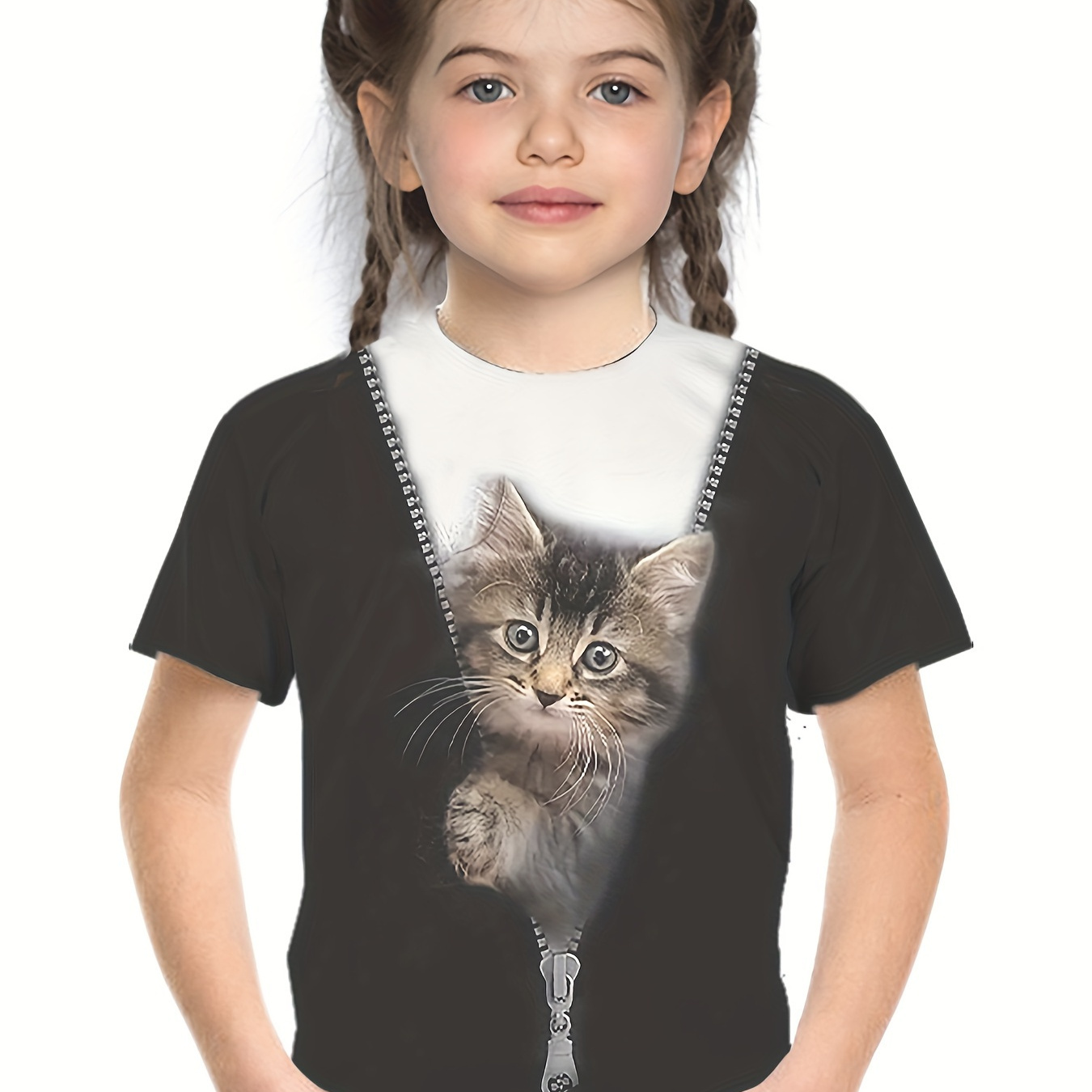 

Zip Cat Print Short Sleeve T-shirt Girls Comfy Tees Summer Clothes Party Gift