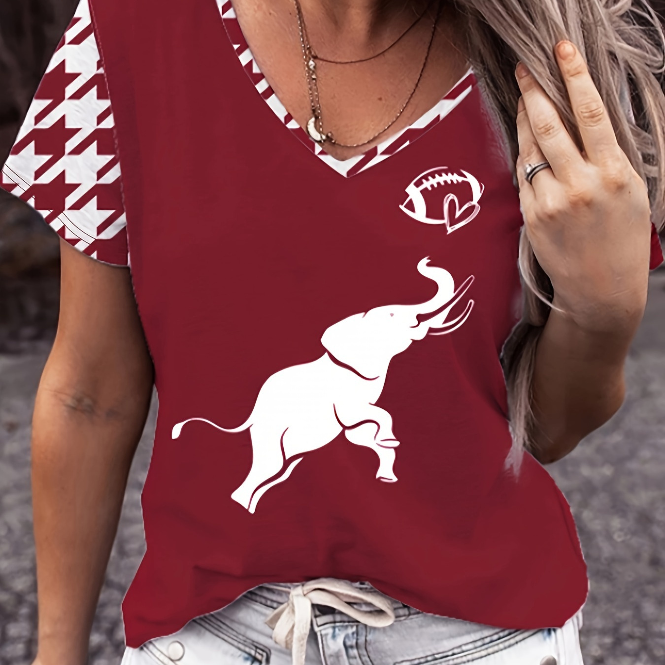 

Elephant & Football Print V Neck T-shirt, Casual Short Sleeve Top For Spring & Summer, Women's Clothing