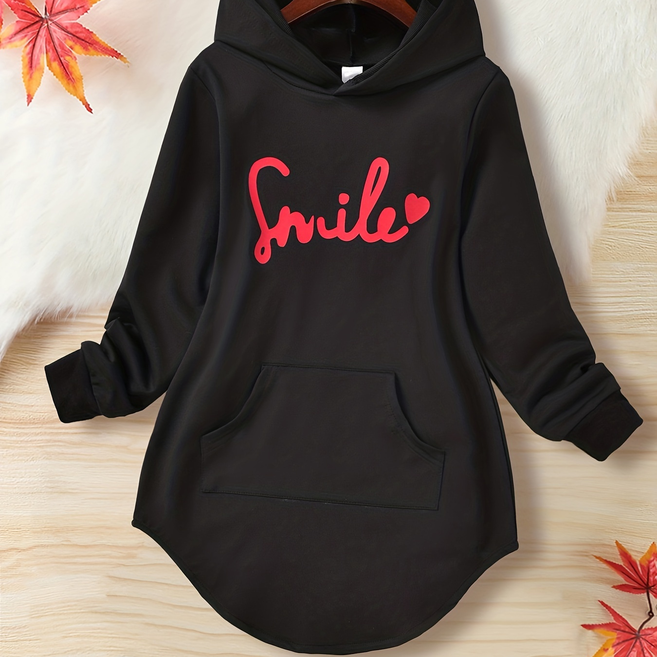 

Girls "smile" Print Hooded Longline With Pocket Letter & Heart Graphic Long Sleeve Tops Casual Pullover For Spring And Autumn, Party