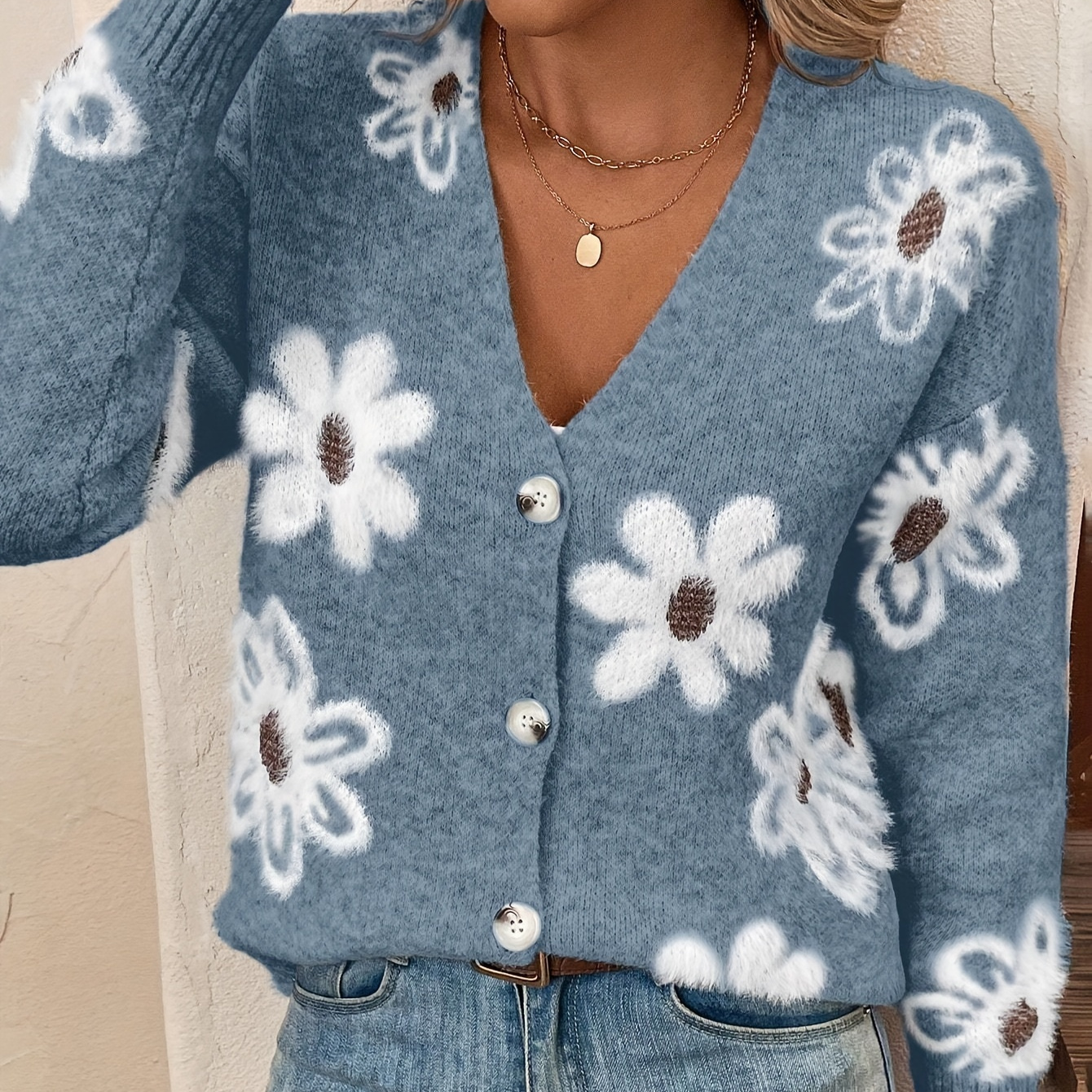 

Floral Pattern Button Front Knitted Cardigan, Elegant Long Sleeve Drop Shoulder Cardigan For Spring & Fall, Women's Clothing