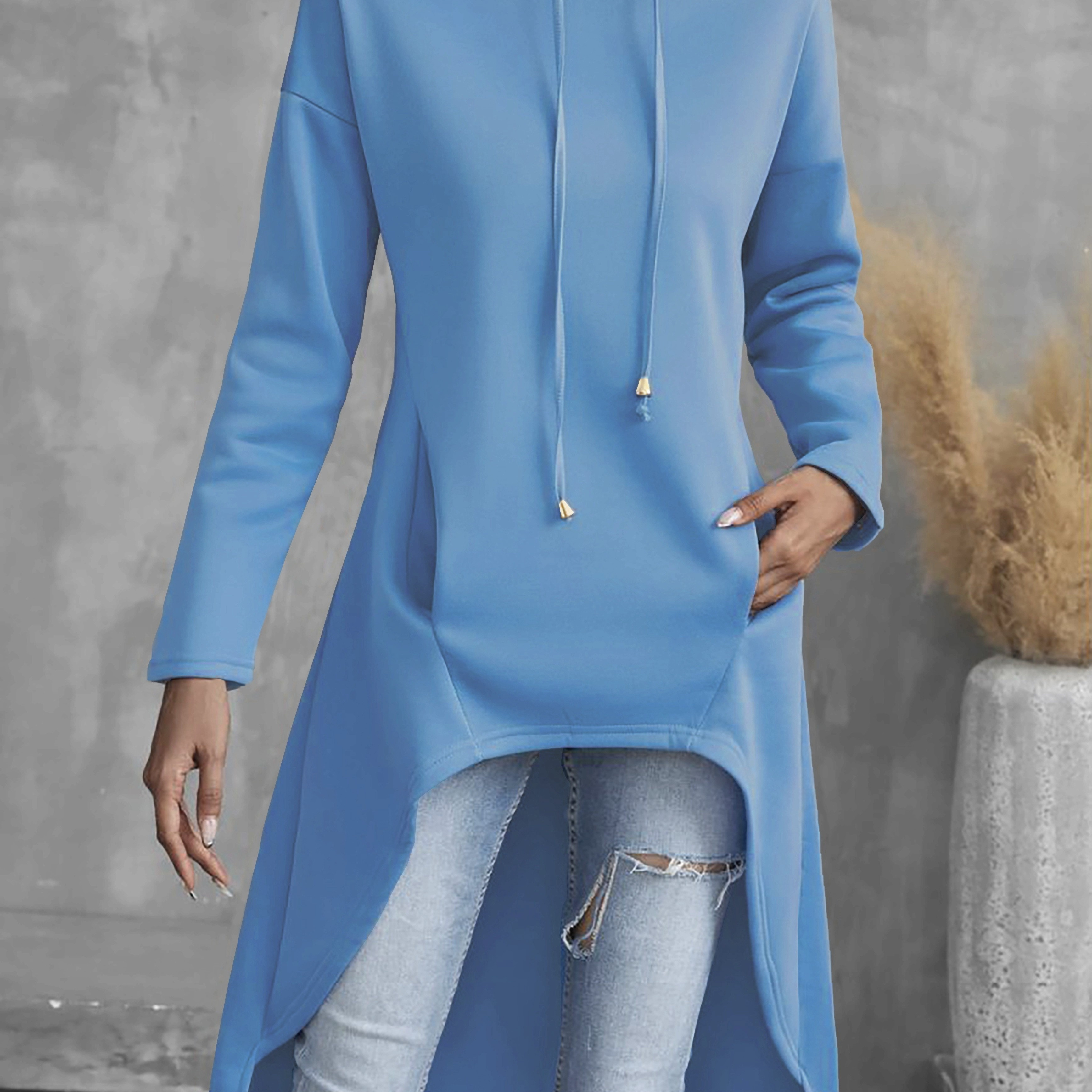 

Solid Color Hig-low Hoodie, Casual Long Sleeve Drawstring Hoodie Sweatshirt, Women's Clothing